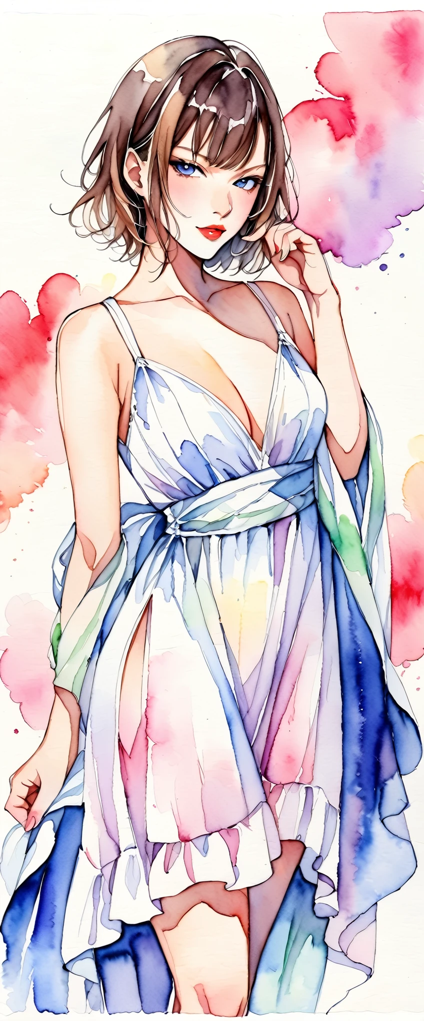 masterpiece,Milla Jovovich,watercolor,White Dress,(Beautiful gradation created by layering),(Tarashikomi technique)