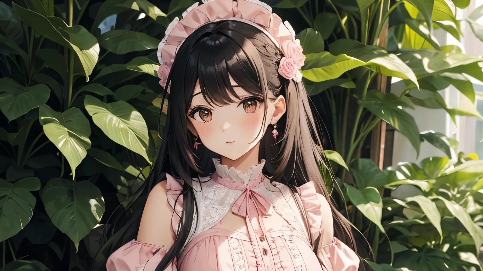 A beautiful woman wearing a pink and white long puff sleeve dress with lots of ruffles and lace Long black hair with hair ornament Upper Body lipstick