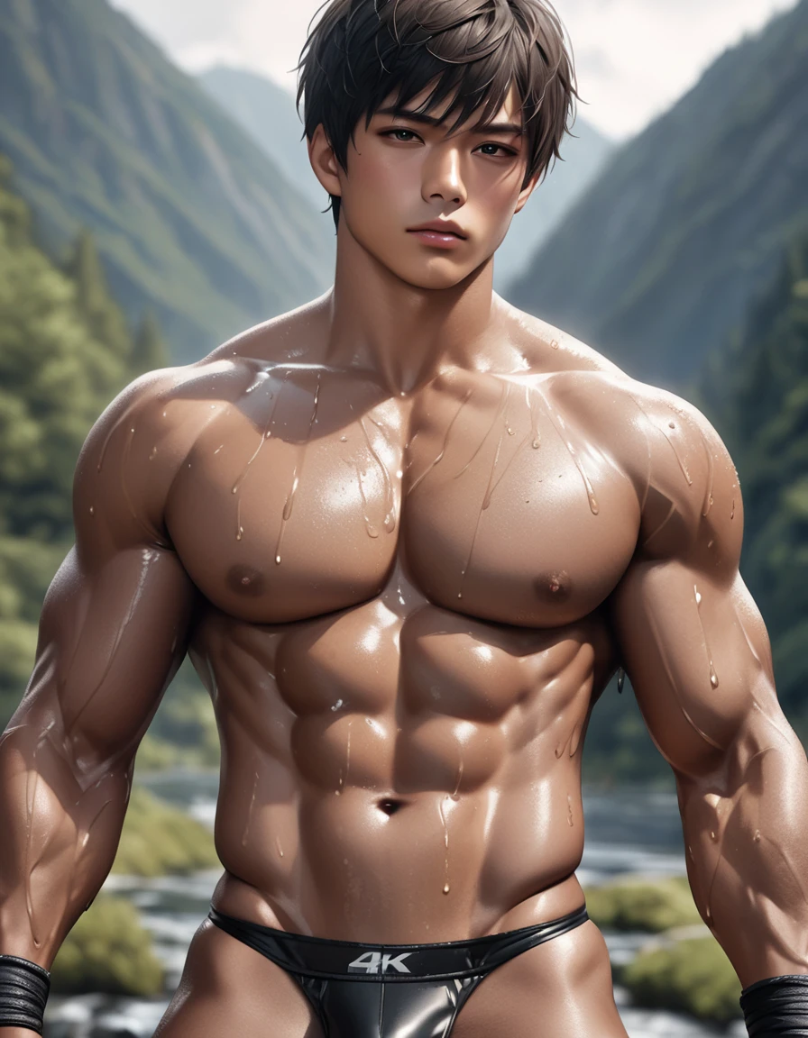 high quality, detailed, Realistic,(one 22 years old tanned japanese wrestler boys:1.5), (detailed black eyes), (black short hair), (muscle:1.5), (tanned dark brown skin), (deep valley), (black tiny ?????), (bulge), (detailed ???????), detailed ??????, best quality, 4k, 8k, highres, (masterpiece:1.2),ultra-detailed, (realistic, photorealistic, photo-realistic:1.37), wet body, (face close up:0.8),--no watch,