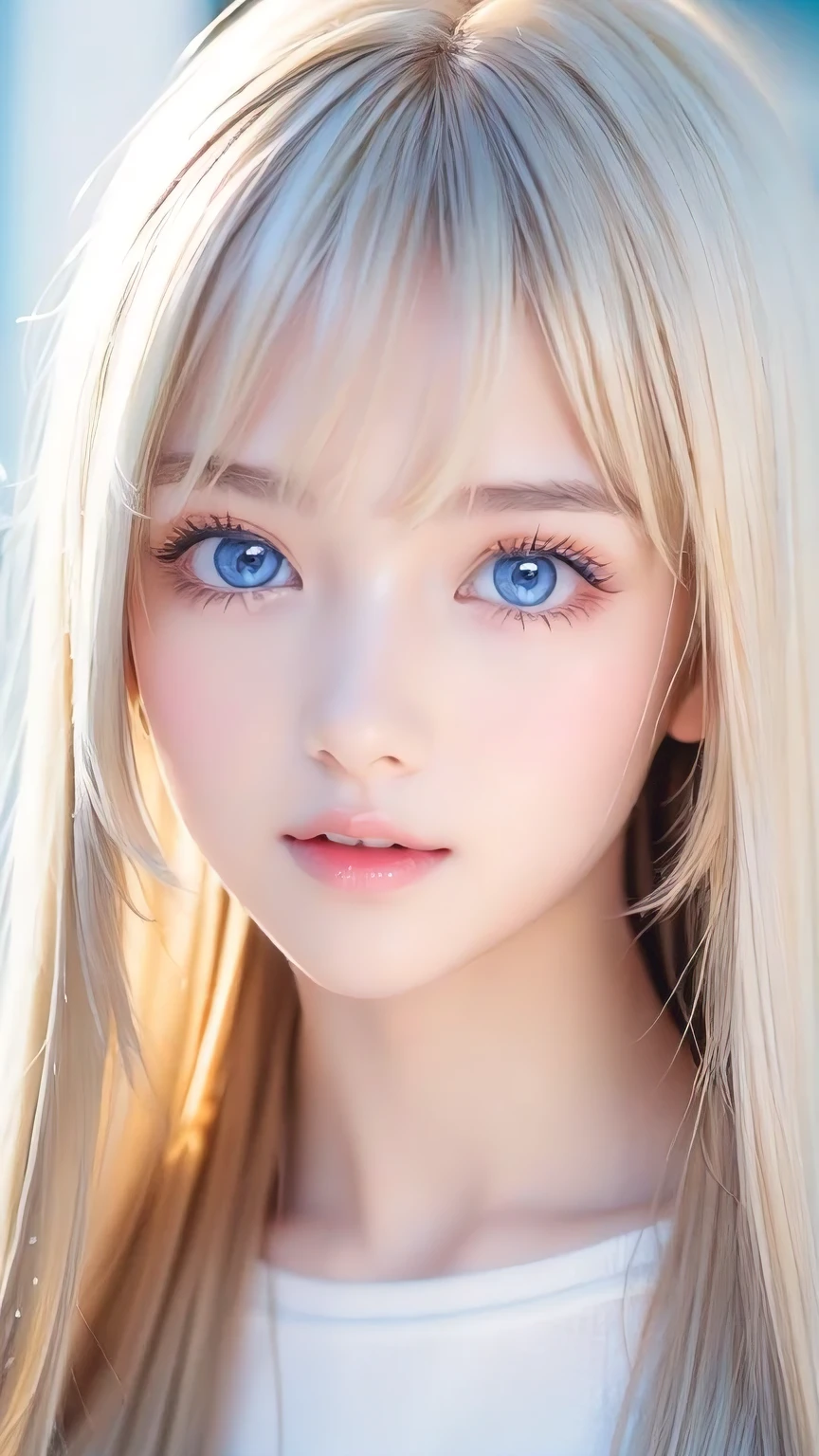 The Shining, clear, White skin、Her windblown blonde hair hides her beautiful face、A stunning 16-year-old blonde beauty、Bangs between the eyes、Cute sexy little beautiful face、Eye-catching, beautiful, super long straight hair、growing up, Large, sparkling, very bright light blue eyes、Long, silky bangs that cover cute eyes, Sexy and cute young woman with super long hair hiding her sexy face、Ultra long platinum hair、Small Face Beauty、Round face、Cheek gloss highlighter、
