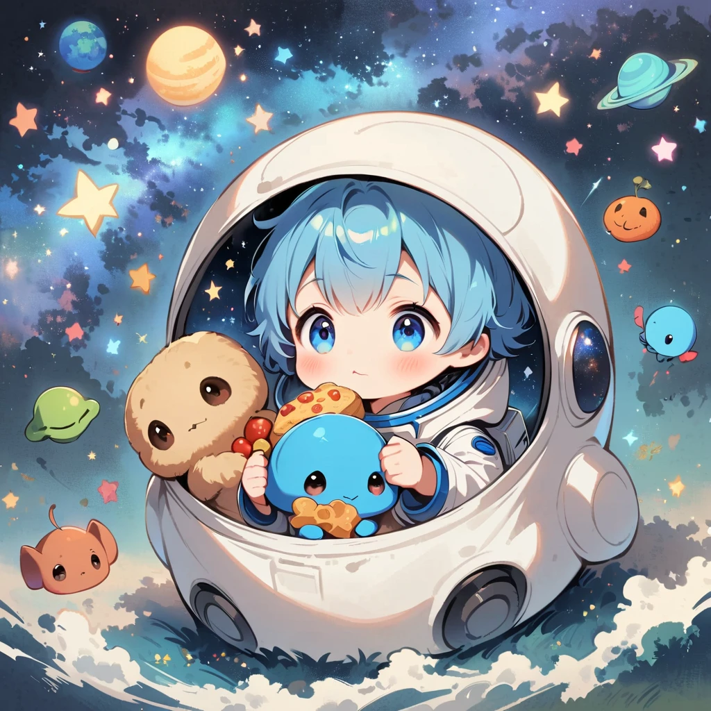 A boy sits in a space suit floating in space.,blue hair blue eyes, Surrounded by the Milky Way, universe , Cutely. Eat snacks, meet aliens