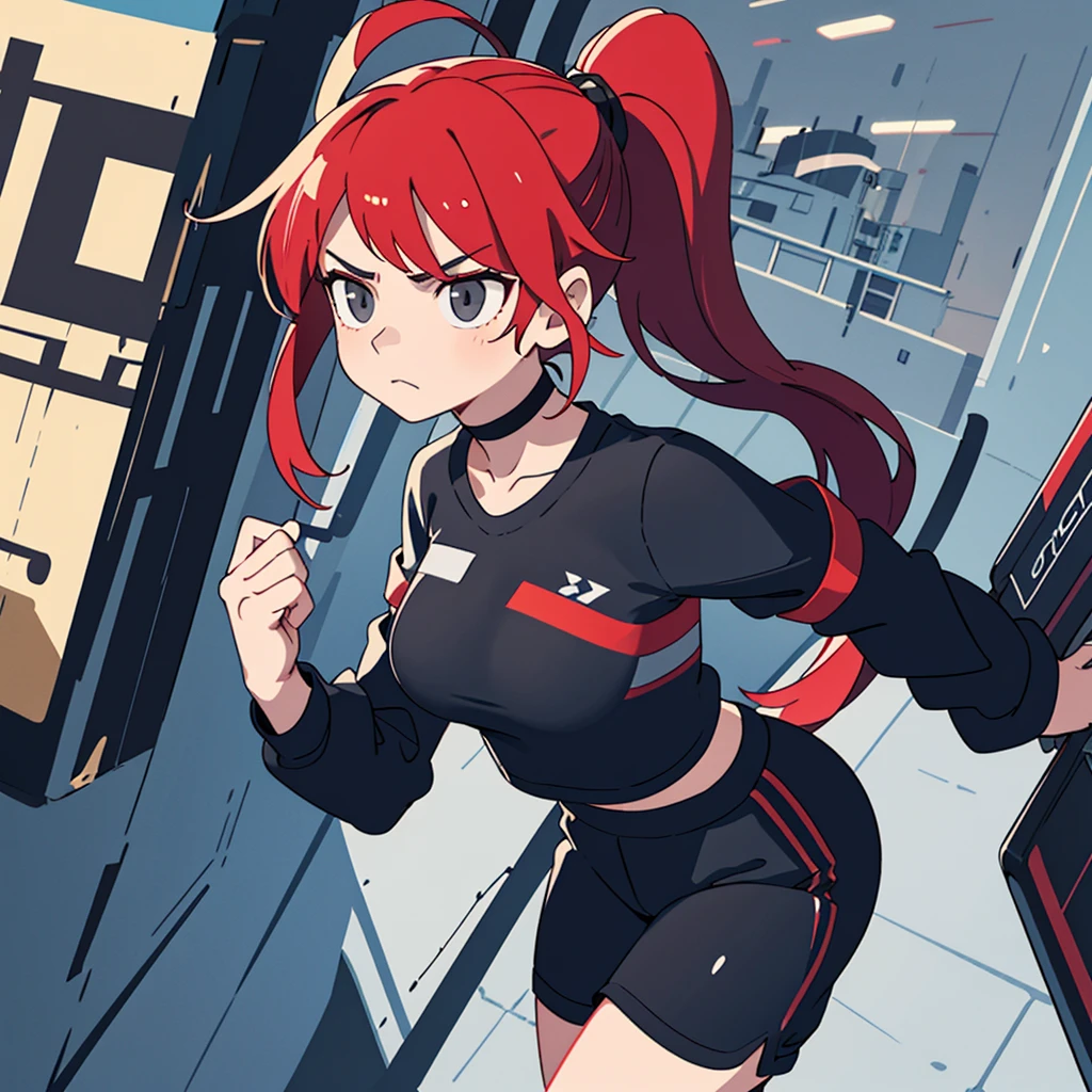 [[[one person]]] woman ponytail hair, long hair, red hair, gray eyes animation, Breasts slightly larger, medium hips, choker, with a straight face, serious face, black clothes, Boxty, crop tee, Ship visible, tech wear clothes, choker, standin, very detailed, 8k, game illustration, [[[[[[single]]]]]]