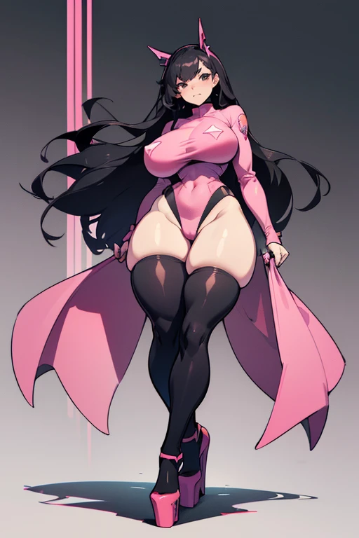 Young girl, Pullover, pink high cut leotard, whole body to see, angry smile , scream, long hair, straight hair , (( very wide hips)), (((colossal Thighs, gigantic thighs, very huge thighs, very big thighs))), fullbody, platform heels, pale skin, very Big breast, gun, cyberpunk, soldier girl , black hair,