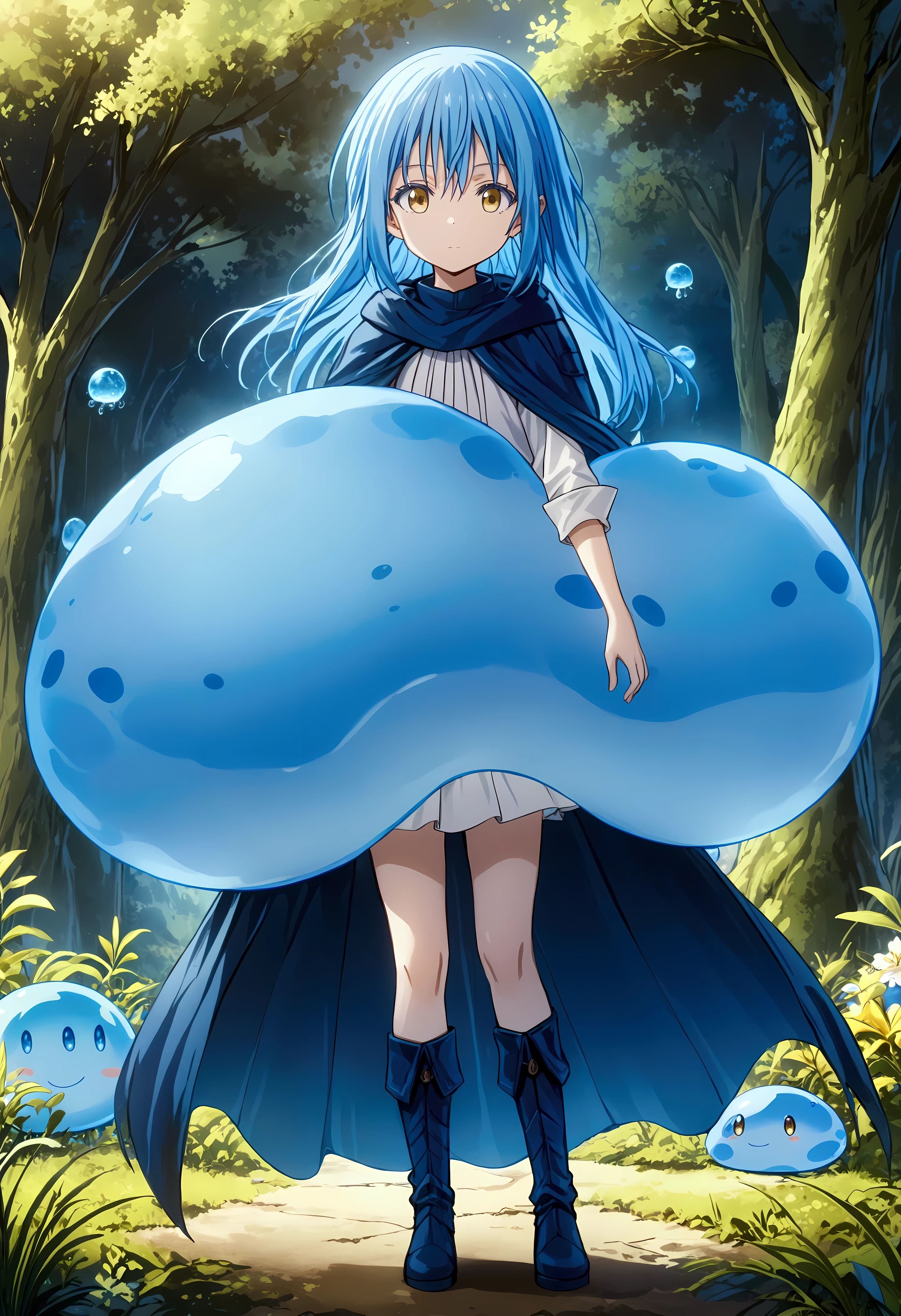 Create a stunning, ultra-high-definition image in 16K resolution that captures the magical and adventurous atmosphere of the fantasy world from the series "That Time I Got Reincarnated as a Slime" with a realistic photo aesthetic. | Visualize Rimuru Tempest, the protagonist, in both his slime and human forms. As a slime, Rimuru is a small, blue, translucent creature with a cute and friendly appearance. In his human form, Rimuru has short, blue hair, golden eyes, and a youthful, androgynous look. He is dressed in stylish yet practical adventurer's attire, featuring a dark cloak, a light tunic, and sturdy boots, blending traditional fantasy elements with subtle contemporary touches. | The scene is set in a lush, enchanted forest with vibrant, glowing flora, and mystical creatures in the background. The environment exudes a sense of wonder and magic. | Capture Rimuru in a dynamic and confident pose, perhaps with his human form standing protectively in front of his slime form. His expression should convey a mix of determination and friendliness, with a hint of curiosity. The camera angle should emphasize both forms, highlighting the details of his attire and his dual nature. | The overall ambiance should integrate rich, vibrant colors and intricate details, creating a sense of depth and immersion in this fantastical setting. Ensure anatomical correctness, with a focus on ultra-detailed textures and high-quality rendering, capturing every nuance of Rimuru's appearance and his magical surroundings. This masterpiece should embody the spirit of adventure and transformation, immersing viewers in its lifelike depiction. | Keywords: (Rimuru Tempest:1.3), ((realistic photo)), ((blue slime):1.2), ((fantasy world)), ((confident pose)).