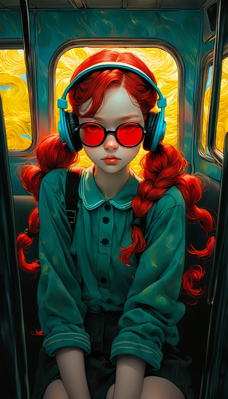 An illustration、art、Supervised by Junji Ito、Overreaction、Overaction、Redhead、Braided Pigtails、Red glasses、Headphones、Girl、Attention to detail、Realistic Shadows、Analog Style、chromatic aberration、Surrealism、disaster々A new Van Gogh-like swirl background