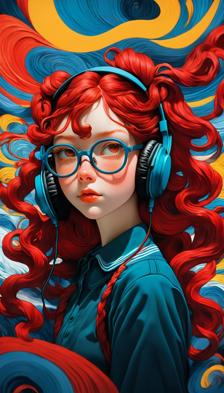 An illustration、art、Supervised by Junji Ito、Overreaction、Overaction、Redhead、Braided Pigtails、Red glasses、Headphones、Girl、Attention to detail、Realistic Shadows、Analog Style、chromatic aberration、Surrealism、disaster々A new Van Gogh-like swirl background