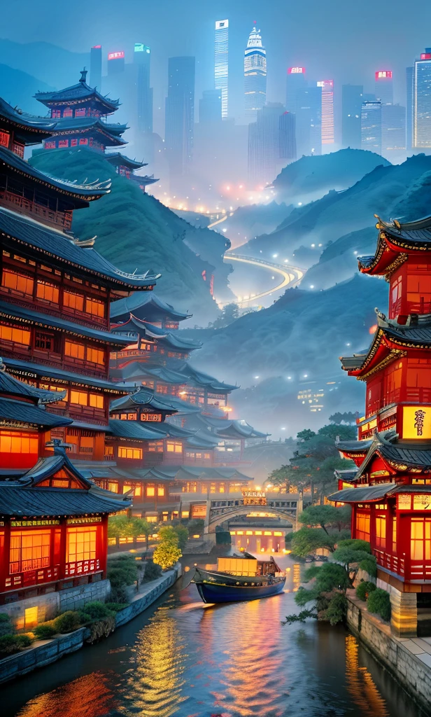 asian architecture in a city at night with a boat passing by, dreamy chinese town, ancient chinese architecture, japanese city, colorful kitsune city, digital painting of a pagoda, japanese city at night, cyberpunk chinese ancient castle, beautiful render of tang dynasty, japanese town, kyoto inspired, chinese architecture, amazing wallpaper, pagodas on hills