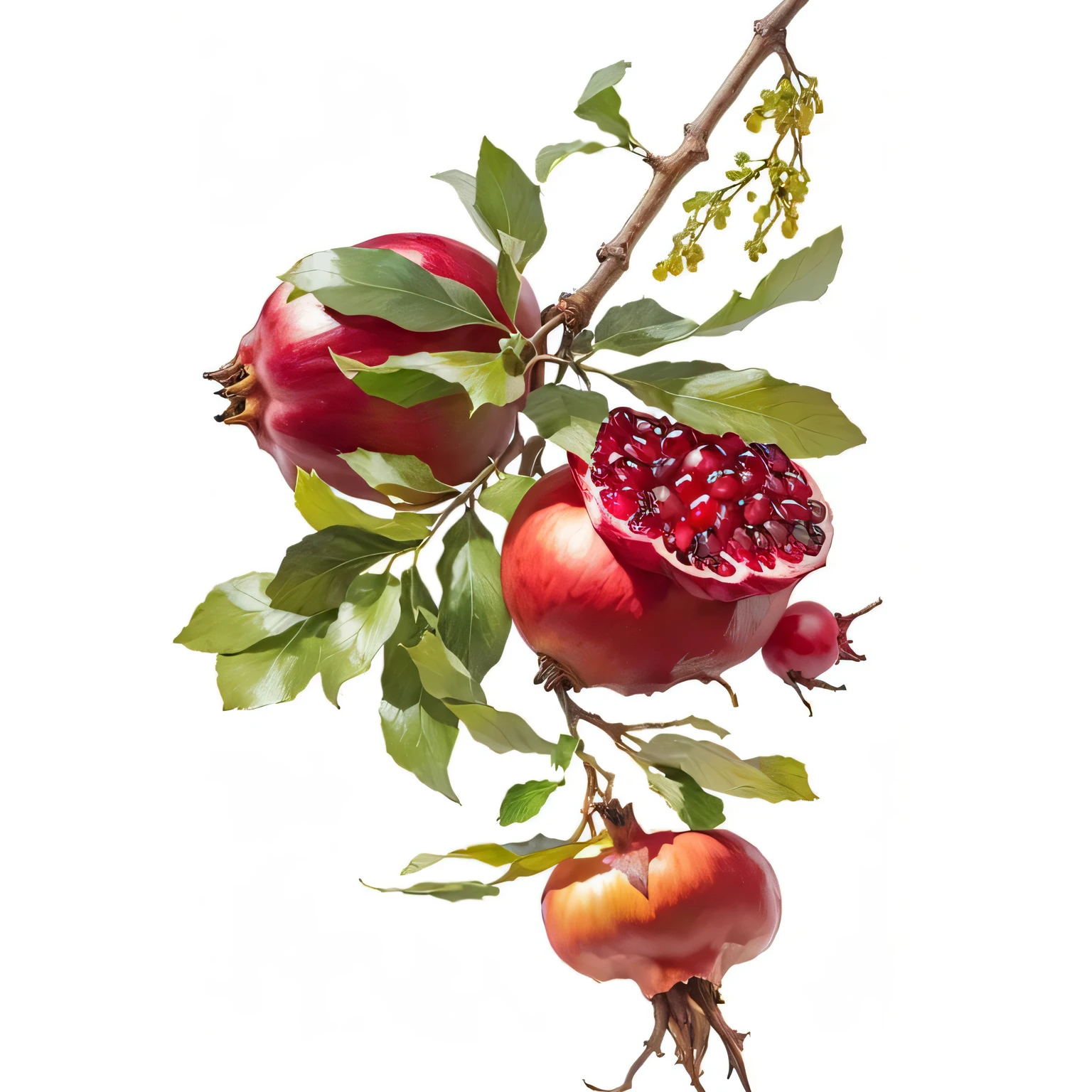 a painting of a branch of Pomegranate with leaves and a fruit, Pomegranate汁, Pomegranates, Pomegranate, plant art, author:Anna Fuseli, plant artwork, author:Maria Johanna Goertz, author:Tom Wänerstrand, Botanical Illustration, author:Karl Walker, author Hermann Rüdisühli, Antonio Rota,Less Pomegranate