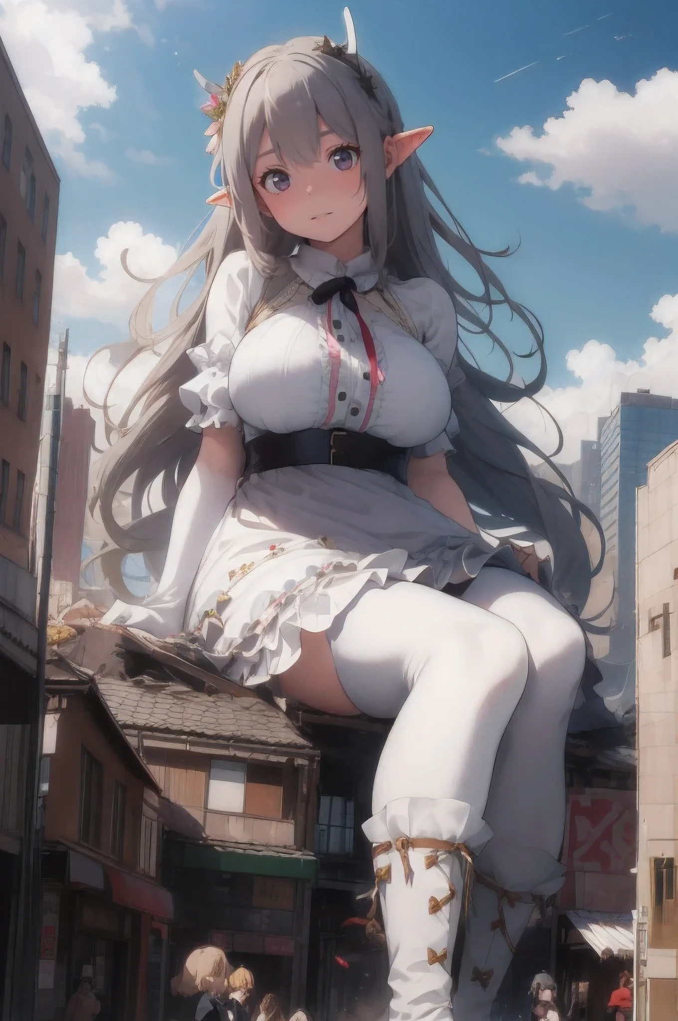 Whole body Description、((((Fisheye Lens))))、((((looking at the camera))))、Embarrassed、Building fire、City boulevard、Traffic jam、Lots of cars and buses、street tree、Pedestrian bridge、((((Pure white frilly dress)))),Giant Girl 50,000 feet high,Weight: 1000kg,With giant pink angel wings,,Crown on head,Elf with pink earrings,She has long hair that reaches down to her feet,Hair loss,Wavy long curly hair,Wearing long boots,Lace gloves,Lace Pantyhose,Pantyhose decorated with ribbons and stars,Pink lace whole body,Standing tall in a small town,Beautiful appearance,Exquisite makeup,quality,8k,High quality,Perfect Proportions, Cinema Lighting,Film Grain,The Colors of Fuji,8k,Textured skin,Super Details,Attention to detail,High resolution,False Smile,Bloodstain,Bloodstain on the soles of feet,whole body,obesity,Elf Princess,feather,Flowers,((((Giant girl gracefully sits on top of a broken skyscraper in the city、))))、(((Super huge breasts)))、((Plump thighs))、Chest、Sweat makes clothes transparent