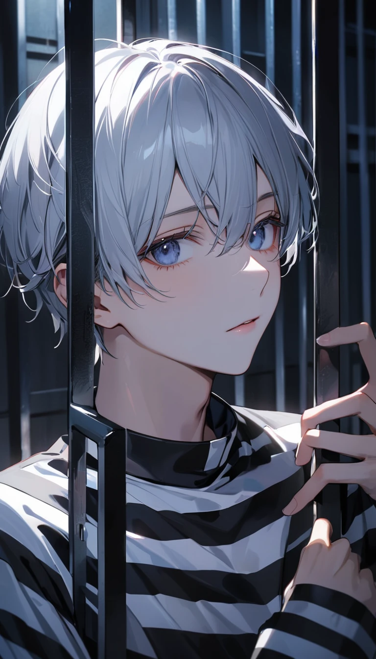 (8k, RAW photos, best quality, masterpiece: 1.4), (((Boy examining himself)))，Ultra-high resolution, Extremely detailed, Dim Lights, Upper body close-up, handsome boy, black eyes, (delicate eyes, Eyes are bright:1.2), Gray short hair, Fair skin,dark, Black and white striped prison uniform,Black and white striped prison pants,(perfect anatomy:1.2), High-quality shadows, Natural Lighting, (White highlights:1.2), night, cloudy day, (Dimly lit cells:1.2), (Metal walls all around:1.2)