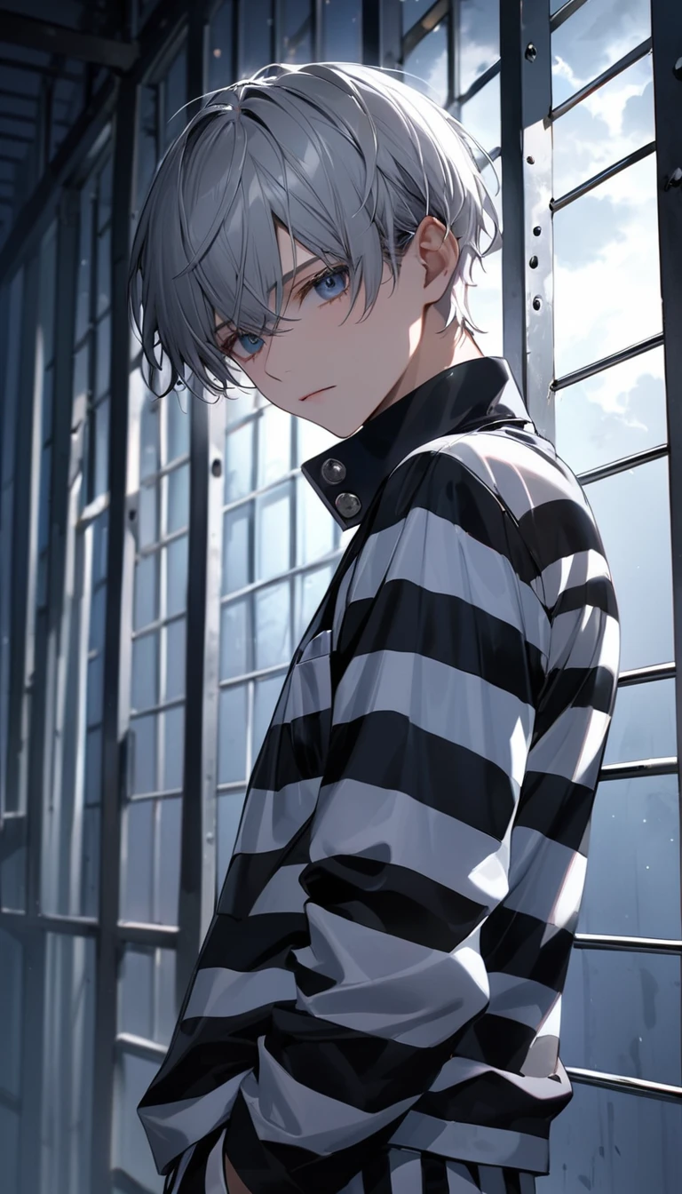 (8k, RAW photos, best quality, masterpiece: 1.4), (((Boy examining himself)))，Ultra-high resolution, Extremely detailed, Dim Lights, Upper body close-up, handsome boy, black eyes, (delicate eyes, Eyes are bright:1.2), Gray short hair, Fair skin,dark, Black and white striped prison uniform,Black and white striped prison pants,(perfect anatomy:1.2), High-quality shadows, Natural Lighting, (White highlights:1.2), night, cloudy day, (Dimly lit cells:1.2), (Metal walls all around:1.2)