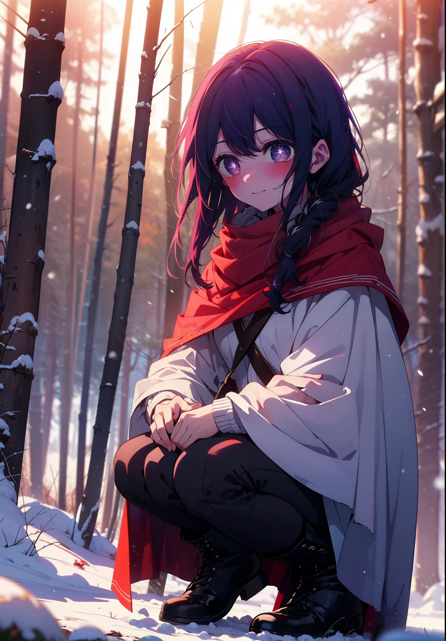 aihoshino, Ai Hoshino, Long Hair, bangs, (Purple eyes:1.1), Purple Hair, (Symbol-shaped pupil:1.5), smile,,smile,blush,white breath,
Open your mouth,snow,Ground bonfire, Outdoor, boots, snowing, From the side, wood, suitcase, Cape, Blurred, , forest, White handbag, nature, Squat, Mouth closed, Cape, winter, Written boundary depth, Black shoes, red Cape break looking at viewer, Upper Body, whole body, break Outdoor, forest, nature, break (masterpiece:1.2), Highest quality, High resolution, unity 8k wallpaper, (shape:0.8), (Beautiful and beautiful eyes:1.6), Highly detailed face, Perfect lighting, Extremely detailed CG, (Perfect hands, Perfect Anatomy),