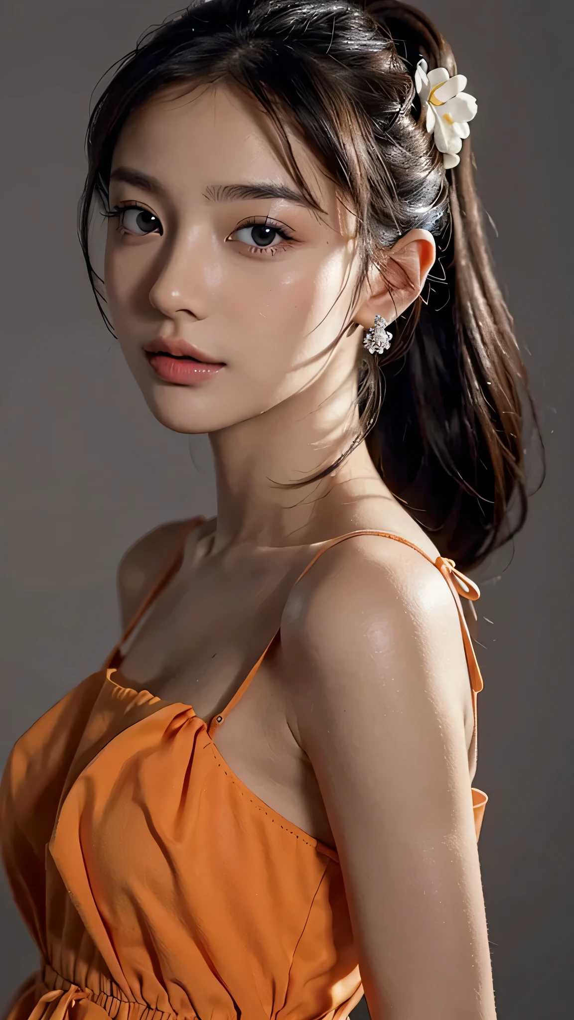 Close up face,Orange Sleeveless Dress Style,Frilly dress,ruffled edges, layered,Accessories: Flower hairpiece, ribbon, fitted body,Commercials for luxury cosmetics style,Commercial filming studio,The background is all gray,Body in front,fully body photo,masutepiece, The highest image quality, High quality, the background is clear,Beautiful woman, Japanese, Detailed, Ultra-detailed, finely detail, hight resolution, 8K Wallpaper, Perfect dynamic composition, Beautiful detailed eyes ,Detailed eyes, Detailed skin, Beautiful skin, 超hight resolution, (reality: 1.4),Very beautiful woman, Slightly younger face, Beautiful skin, slender, (Ultra photo realsisim), (hight resolution), (8K), (Very detailed) (beautifully detailed eyes), (super detailed), (Detailed face), view the viewer, Fine details, Detailed face, Staring straight ahead, Staring straight ahead, photos realistic, Bright lighting, Professional Lighting, Black hair,poneyTail,a baby face,sixteen years old,Hairstyle: ponytail,Long ponytail hairstyle,slight smile,