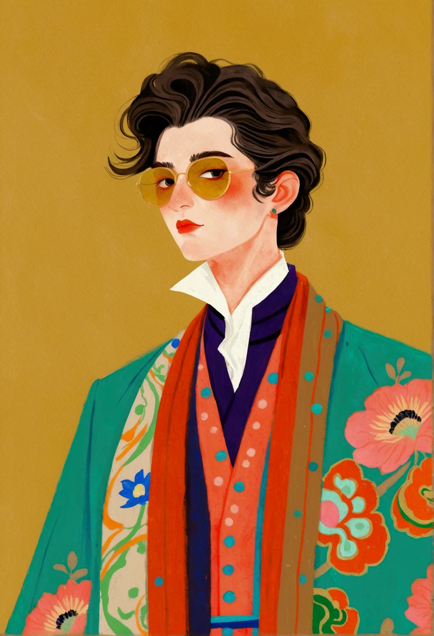 In a painting,A man in a colorful jacket、Delicate androgynous prince wearing a scarf, temperament,Gouache inspired by Lubin Baugin, cg Social Hotspot, Cloisonnism, detailed Fashion Illustration, Fashion Illustration, luxury Fashion Illustration, Pale kimono, Complex Abstract. Gucci style, Color illustrations, Colorfull illustration, cypherpunk Fashion Illustration, ,Solid color background