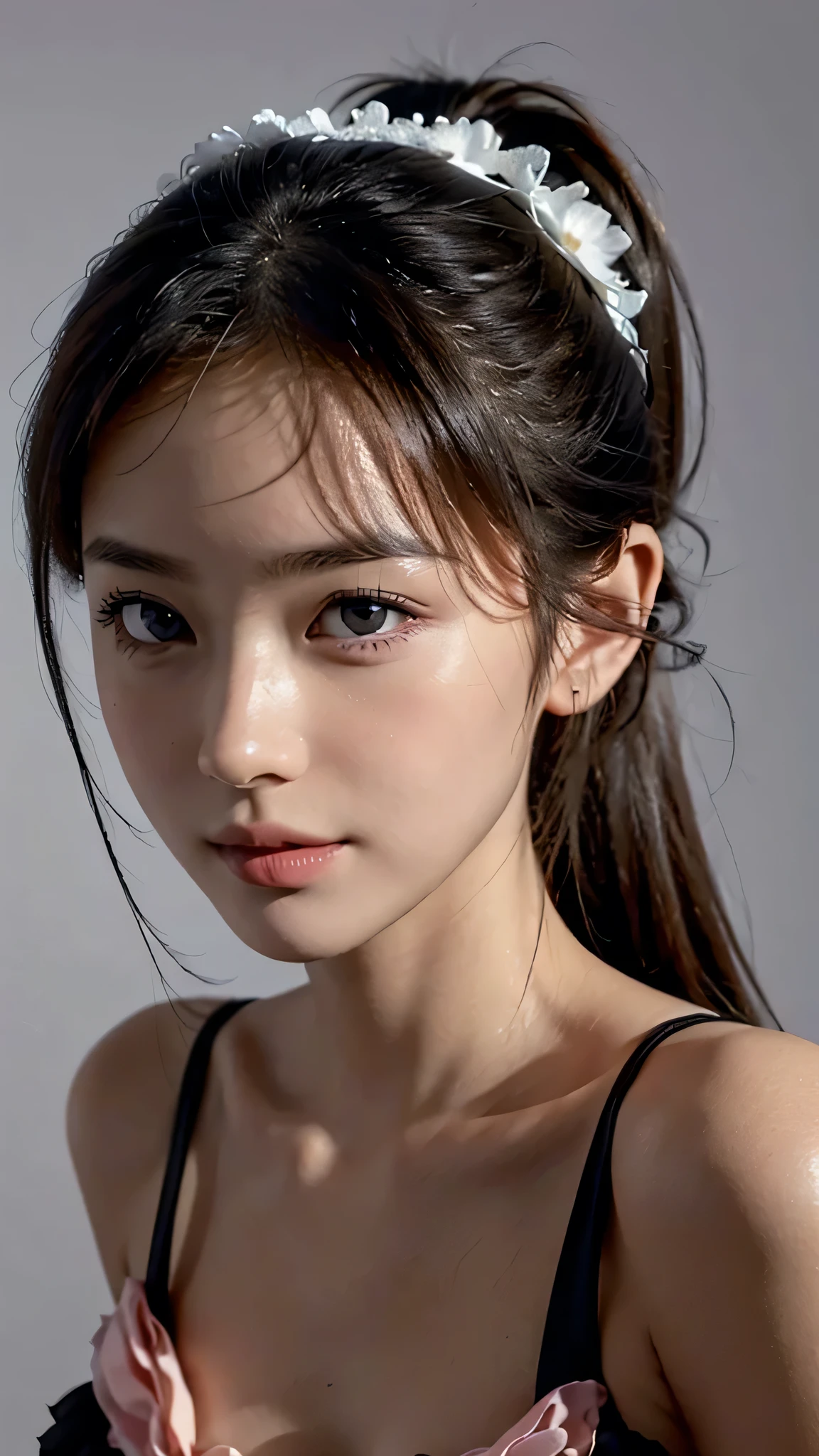 Close up face,Orange Sleeveless Dress Style,Frilly dress,ruffled edges, layered,Accessories: Flower hairpiece, ribbon, fitted body,Commercials for luxury cosmetics style,Commercial filming studio,The background is all gray,Body in front,fully body photo,masutepiece, The highest image quality, High quality, the background is clear,Beautiful woman, Japanese, Detailed, Ultra-detailed, finely detail, hight resolution, 8K Wallpaper, Perfect dynamic composition, Beautiful detailed eyes ,Detailed eyes, Detailed skin, Beautiful skin, 超hight resolution, (reality: 1.4),Very beautiful woman, Slightly younger face, Beautiful skin, slender, (Ultra photo realsisim), (hight resolution), (8K), (Very detailed) (beautifully detailed eyes), (super detailed), (Detailed face), view the viewer, Fine details, Detailed face, Staring straight ahead, Staring straight ahead, photos realistic, Bright lighting, Professional Lighting, Black hair,poneyTail,a baby face,sixteen years old,Hairstyle: ponytail,Long ponytail hairstyle,slight smile,