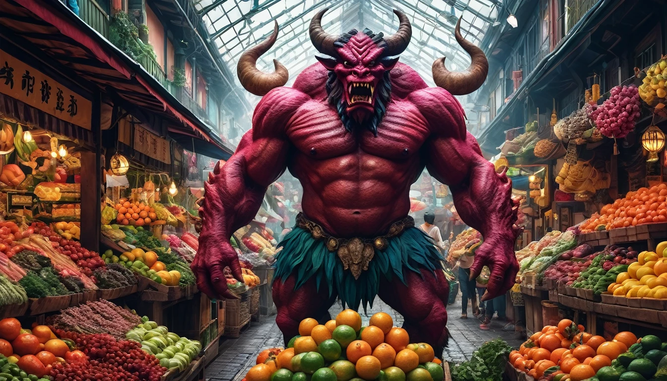 Create imaginative and amazing images demonstrating the style of ((Miscellaneous Academia)), hyper realistic, 8k, vibrant colors, sharp crisp image  an illustration of a traditional market guarded by a monstrous demon with a giant body.