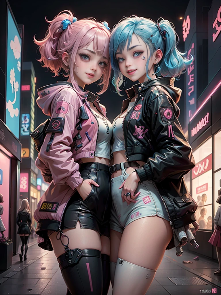 Anime masterpiece, best quality, (((2 laughing teenaged cyberpunk girls ((wearing detailed Harajuku tech jackets)) standing together for portrait))), (((Harajuku cyberpunk clothing)))), (bold colors and patterns), eye-catching accessories, trendy and innovative hairstyle))), ((insane detail)), dazzling Cyberpunk cityscape, skyscrapers, glowing neon signs, (LED lights), anime illustration, detailed skin texture, detailed cloth texture, beautiful detailed face, intricate details, ultra detailed, cinematic lighting, strong contrast, colorful.