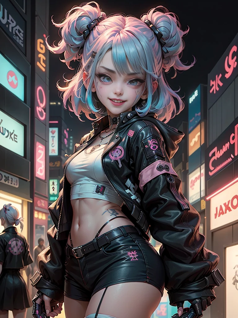 Anime masterpiece, best quality, (((2 laughing teenaged cyberpunk girls ((wearing detailed Harajuku tech jackets)) standing together for portrait))), (((Harajuku cyberpunk clothing)))), (bold colors and patterns), eye-catching accessories, trendy and innovative hairstyle))), ((insane detail)), dazzling Cyberpunk cityscape, skyscrapers, glowing neon signs, (LED lights), anime illustration, detailed skin texture, detailed cloth texture, beautiful detailed face, intricate details, ultra detailed, cinematic lighting, strong contrast, colorful.
