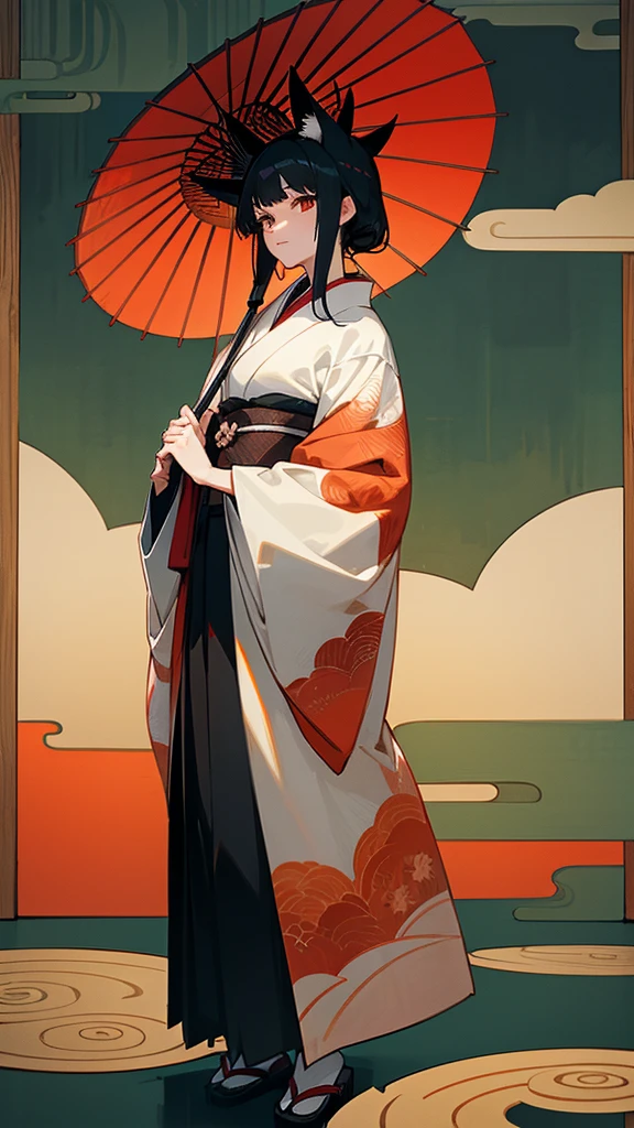 A black-haired woman wearing a fox mask, standing elegantly while holding a traditional Japanese paper umbrella (karakasa). She is dressed in a beautiful kimono, with intricate patterns, standing against a serene background of a Japanese garden at twilight.