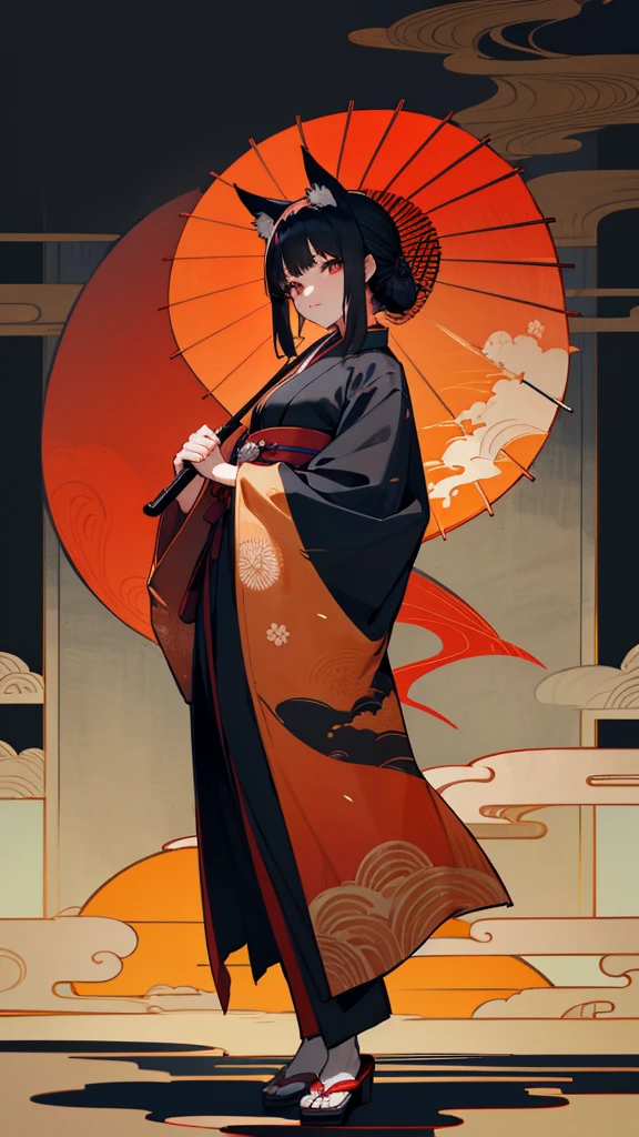 A black-haired woman wearing a fox mask, standing elegantly while holding a traditional Japanese paper umbrella (karakasa). She is dressed in a beautiful kimono, with intricate patterns, standing against a serene background of a Japanese garden at twilight.