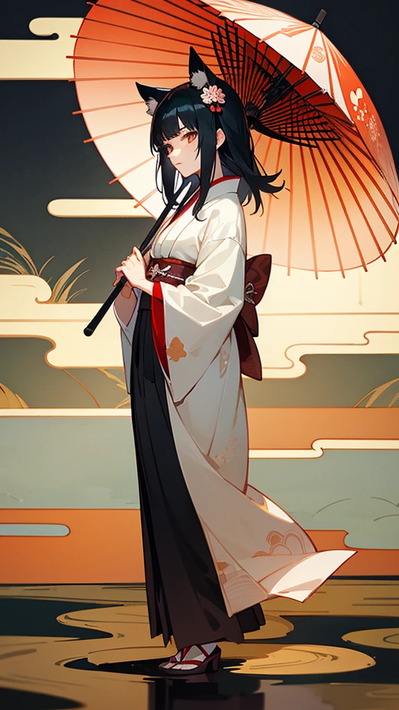 A black-haired woman wearing a fox mask, standing elegantly while holding a traditional Japanese paper umbrella (karakasa). She is dressed in a beautiful kimono, with intricate patterns, standing against a serene background of a Japanese garden at twilight.