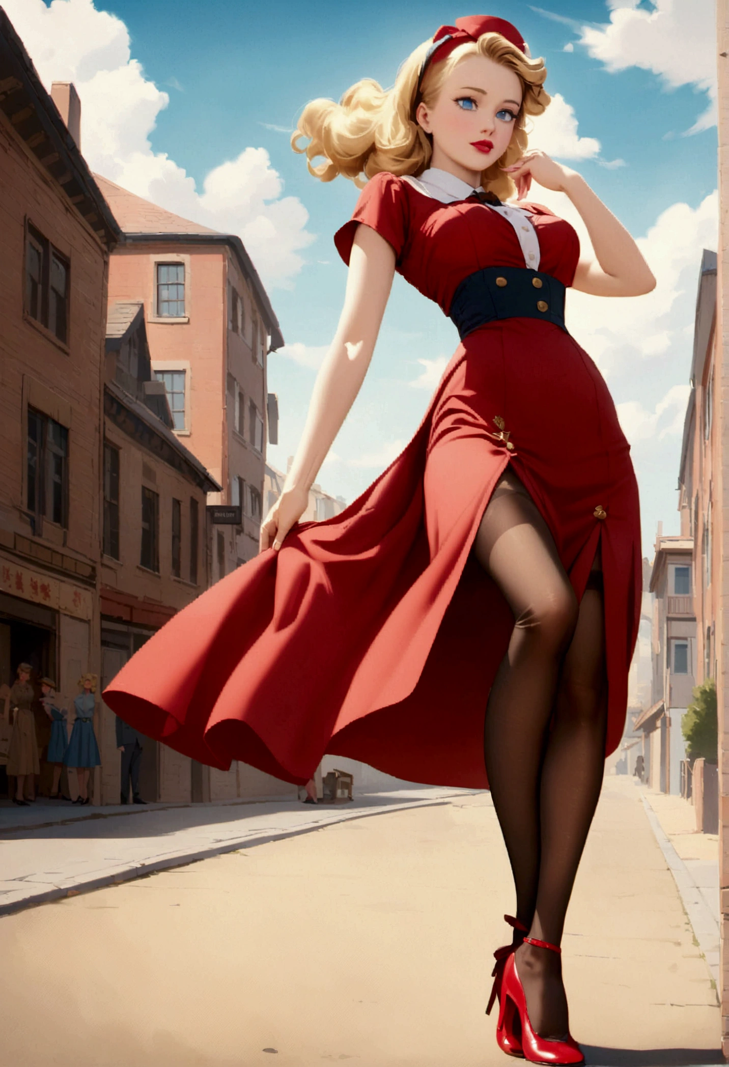 women,blonde,blue eyes, 1940s, pin up, Red dress, nylon stockings, Red high heels