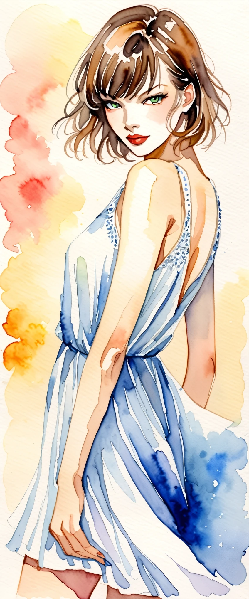 masterpiece,Milla Jovovich,watercolor,White Dress,(Beautiful gradation created by layering),(Tarashikomi technique)