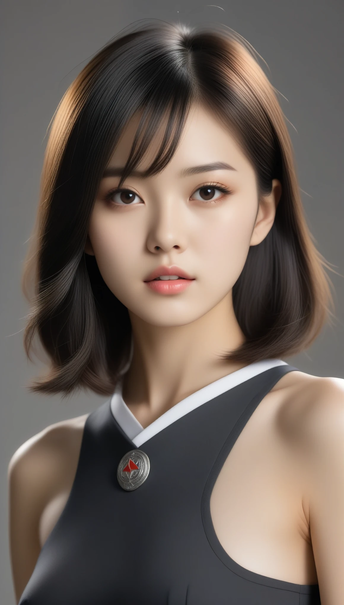 8k, Ultra-high resolution, Highest quality, masterpiece, 三分割法によるphotograph,Surreal, photograph, 1 Girl, (:1.3), pretty girl, Cute Face, Beautiful eyes in every detail, 細かくdetailedに,masterpiece,One Girl:1.2,Japanese female officer,Superior non-commissioned officer,full body,furious,glaring,Black short hair,Bob with bangs, (The finest ceremonial attire:1.3),Pencil Skirt,Military clothing, SS uniform,HUGO BOSS,Sharp contours,Looking down,Gray background, Light from above, Low contrast, (Side view),Perfect and beautiful face ,完璧でCute Face, Skin with attention to detail, Perfect limbs、Narrow waist,Looking at the audience,(((Ideal body type))),A cup small breasts :2,Portraiture:2,Perfect Anatomy,鮮明なdetailed,detailed,Surreal,Light and shadow,glowing
