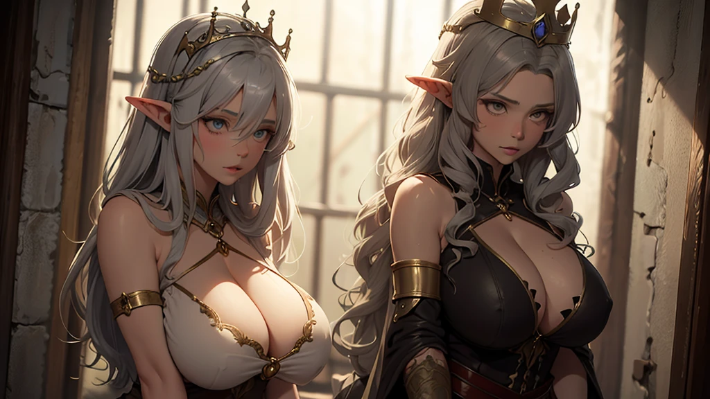 Beautifully detailed 35 year old female elven queen, Beautiful Face, Wearing the Crown, Long, pointed ears, Gray Hair, Trapped in a cage, Tie your wrists, Being a slave, Tie your wrists, Curved body, Super big saggy tits, Huge cleavage exposed, Huge Ass