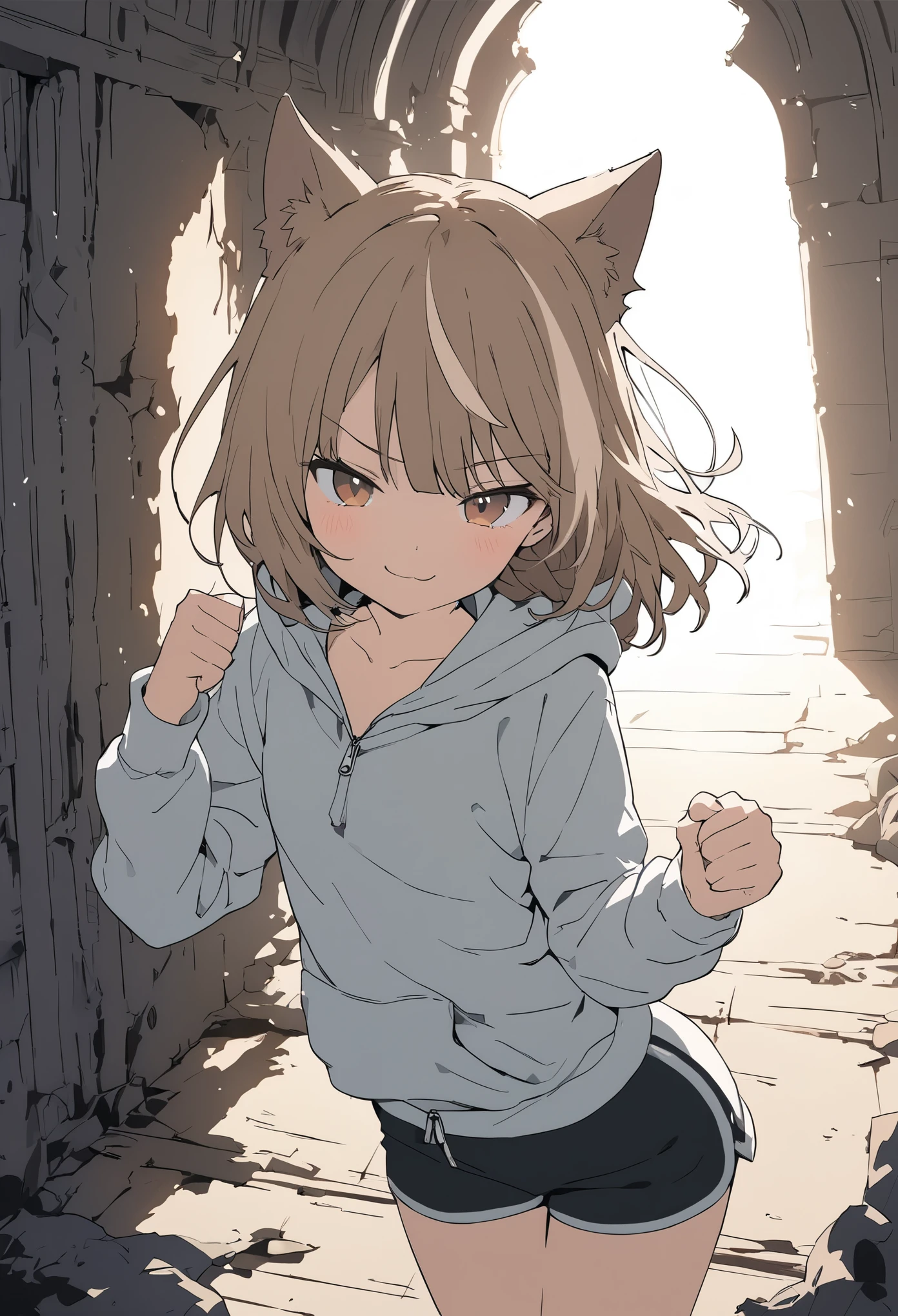 ((Masterpiece)), ((best quality)), ((kawaii)), (flat color), (flat shading), (super detail:1.2),(High Definition:1.3), (Professional Photography:1.2), (wide shot), (sharp focus), (perfect light), (drop shadow), (()), (1girl), ((streaked hair)), highlights hair, messy medium hair, Beautiful collarbone, (cute hoodie with zipper), cleavage, cute boxer shorts, (Healthy slim body), (loose blunt bangs), Slender body, glossy skin, (smug), (:3), ((Beautiful brown eyes)), Textured skin, (Cat ears), Pale brown hair, Cute Beautiful Girl, (slightly exposed small chest), BREAK, ((best quality)), Dynamic angles, ((raise fist)), (in the Mossy abandoned church), (sharp focus), perfect hands, (perfect light),