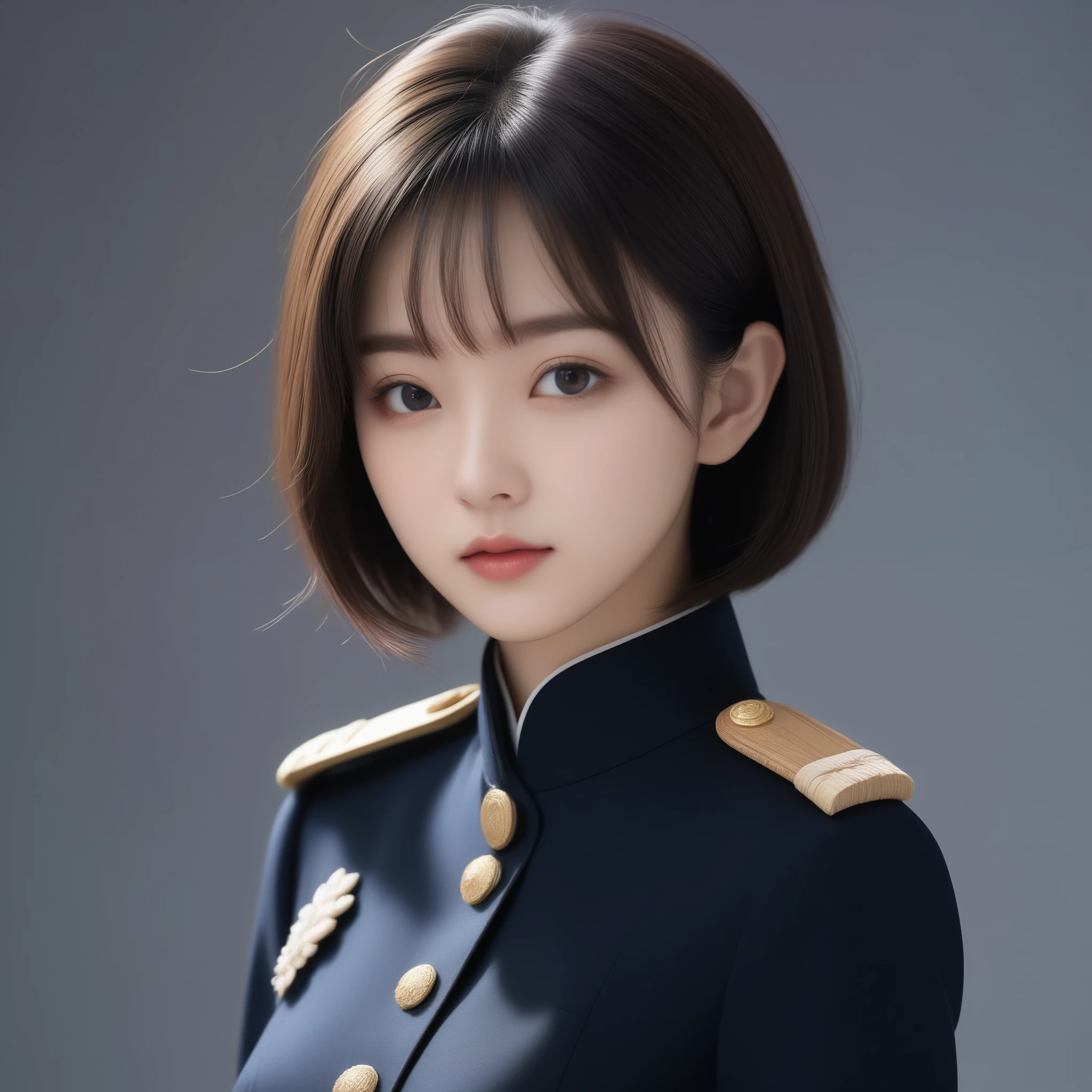 8k, Ultra-high resolution, Highest quality, masterpiece, 三分割法によるphotograph,Surreal, photograph, 1 Girl, (:1.3), pretty girl, Cute Face, Beautiful eyes in every detail, 細かくdetailedに,masterpiece,One Girl:1.2,Japanese female officer,Superior non-commissioned officer,extream close up,furious,glaring,Black short hair,Bob with bangs, (The finest ceremonial attire:1.3),Military clothing,Nazi SS uniform,HUGO BOSS,Sharp contours,Looking down,Gray background, Light from above, Low contrast, (Side view),Perfect and beautiful face ,完璧でCute Face, Skin with attention to detail, Perfect limbs、Narrow waist,Looking at the audience,(((Ideal body type))),A cup small breasts :2,Portraiture:2,Perfect Anatomy,鮮明なdetailed,detailed,Surreal,Light and shadow,glowing