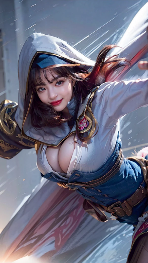 (A hyper-realistic), (illustratio), (hight resolution), (8k), (ighly detailed), (The best illustrations), (beatiful detailed eyes), (top-quality), (Ultra-detail), (masterpiece), (wall-paper), (Detailed face), a bed、Upper body close-up,Armpit, A smile,Plump,solo,Girl in a tight white tank top with open chest, full of sweat, japanes, large full breasts, (camel's toe)、huge-breasted、cleavage of the breast、perfect teeth、