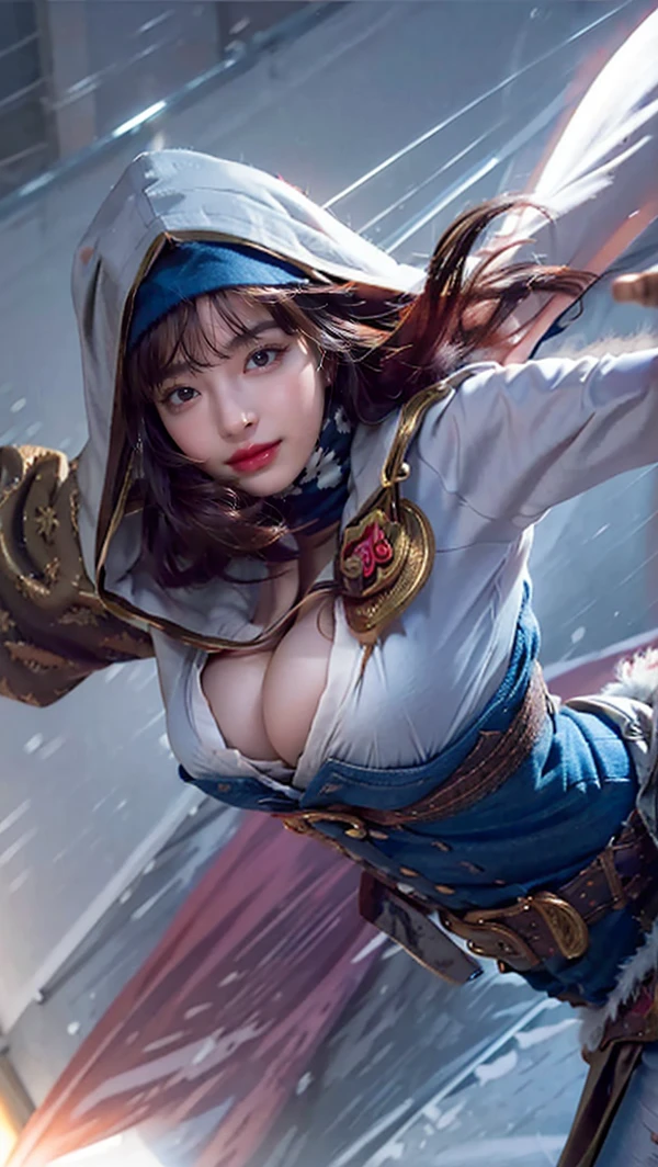 (A hyper-realistic), (illustratio), (hight resolution), (8k), (ighly detailed), (The best illustrations), (beatiful detailed eyes), (top-quality), (Ultra-detail), (masterpiece), (wall-paper), (Detailed face), a bed、Upper body close-up,Armpit, A smile,Plump,solo,Girl in a tight white tank top with open chest, full of sweat, japanes, large full breasts, (camel's toe)、huge-breasted、cleavage of the breast、perfect teeth、