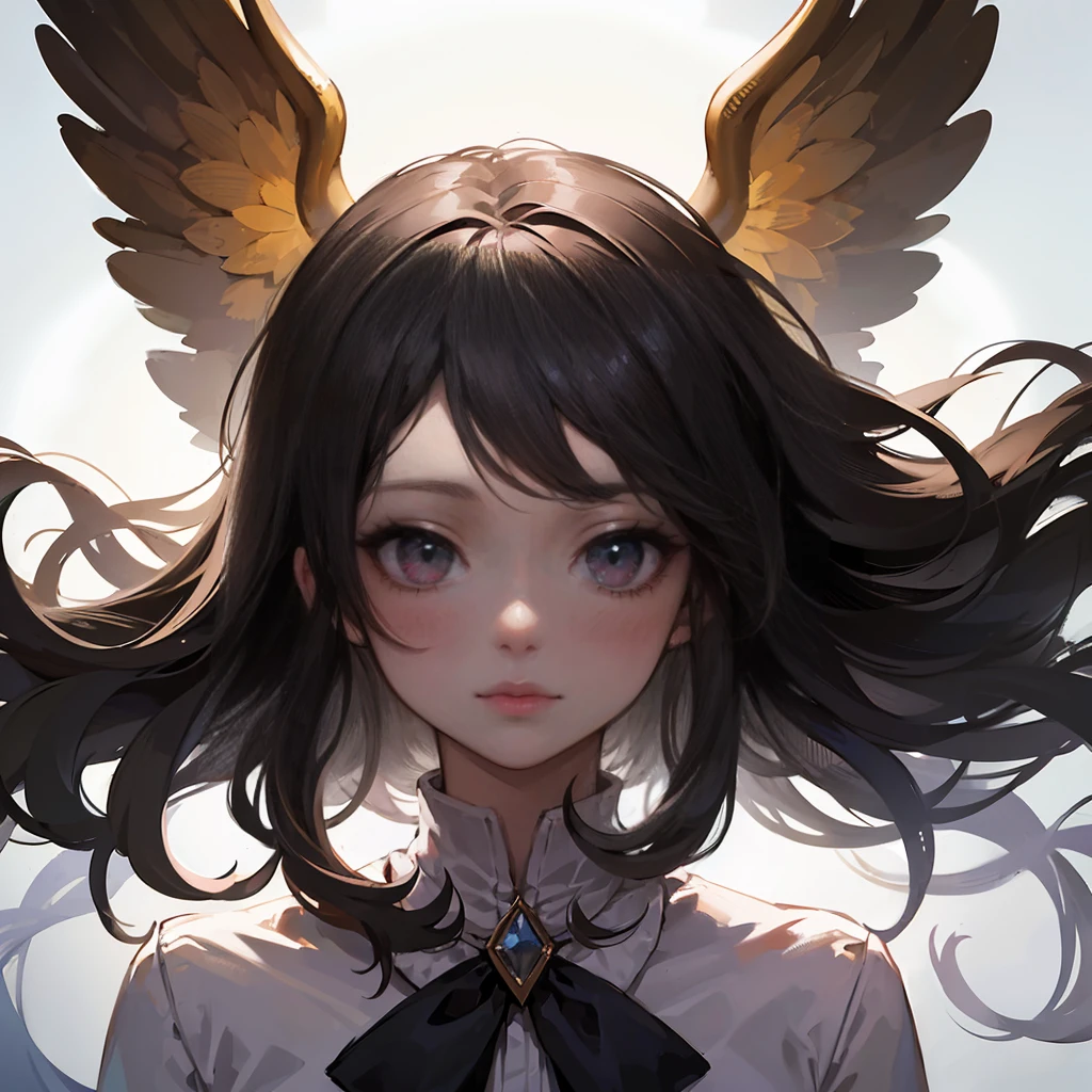 masterpiece, best quality, an extremely delicate and beautiful, ultra high definition, 8k, 2.5d, a girl, cute, kawaii, natural wavy hair, ultra detailed blouse, looking at the camera, medium shot, upper body, simple background, white background, manga, cinematic, dramatic, at studio, best light, backlit, perfect composition