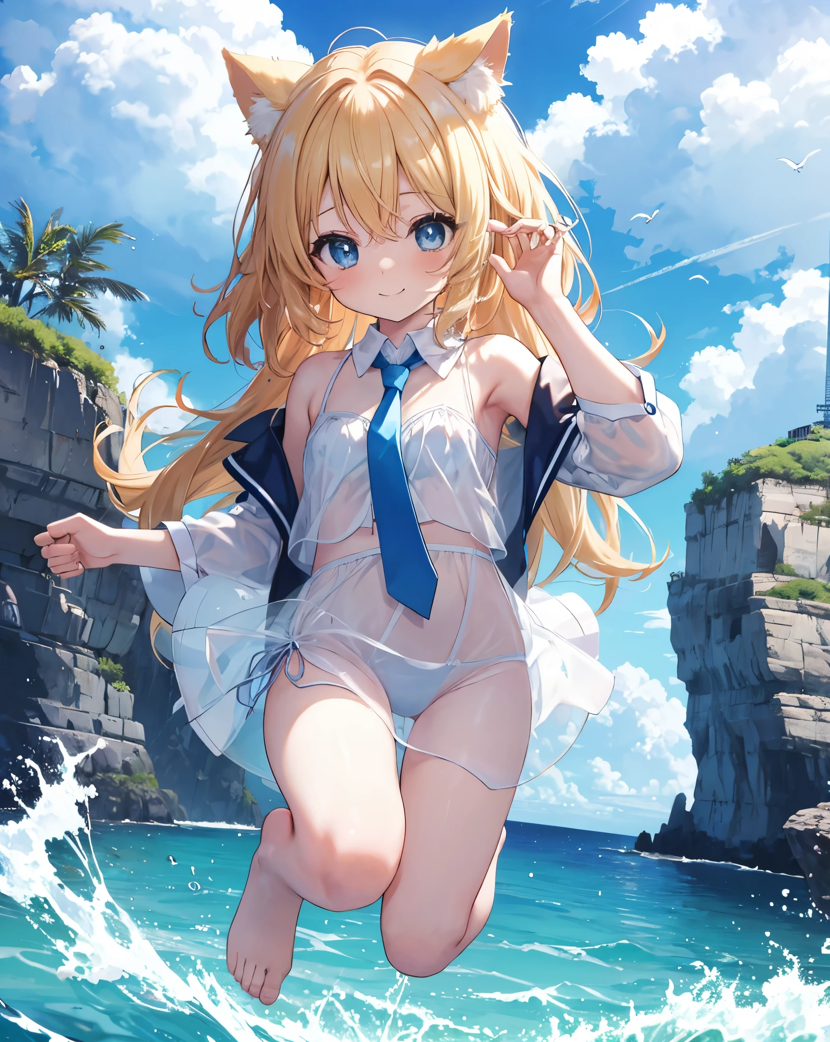 (Highest quality, Masterpiece: 1.2), (Solo), Anime coloring book, 4K quality, dynamic shot, dynamic pose
SUBJECT
(((Girl))), blonde hair, cat ears, cat tail, neko ears, neko tail, little grinning happy smile
CLOTHES
untied necktie, bare shoulder, white transparent shirt, visible yellow bikini under the shirt, Bare feet visible, blue ribbon on hair.
A girl immersed in the world of anime High school description Noise, she blush.
ACTION
She's jumping in the water, he's having a lot of fun, splashing the water, jumping in the air, sealife city in the background.
Jump, play, splash, water drops on the camera, sunflare
Reflexes on blue eyes.
blue eyes.
LOCATION
beach, blue sky, clouds, cloudy sky, dewy road, sun, horizon, ocean, landscape, sky, skyline, blue sky and white clouds, fantastic light, beautiful light, mirror, mysterious, Beautiful, clear water, dream, heaven, cliff, rainbow, aurora, mirage, moon, planet, meteorite