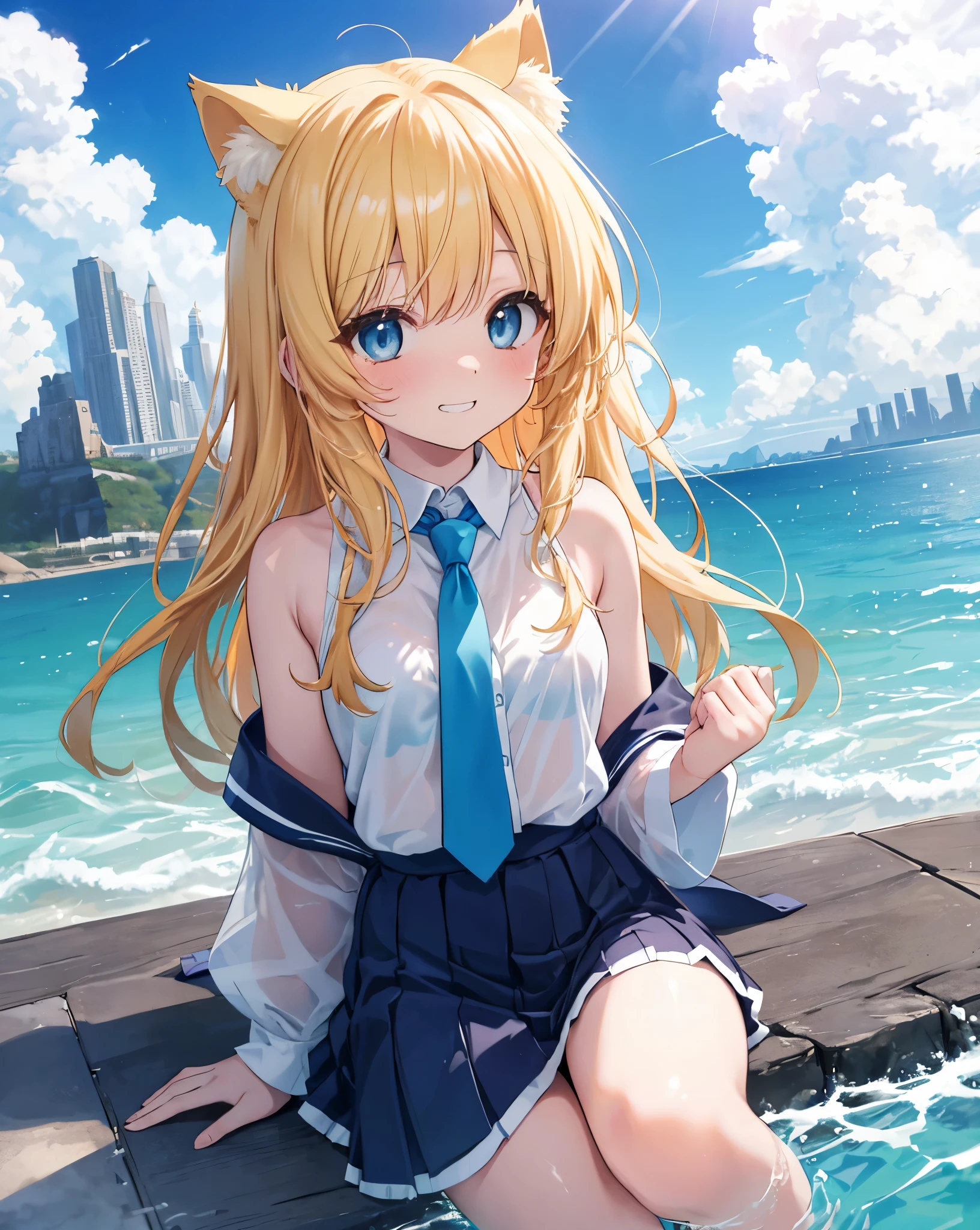 (Highest quality, Masterpiece: 1.2), (Solo), Anime coloring book, 4K quality, dynamic shot, dynamic pose
SUBJECT
(((Girl))), blonde hair, cat ears, cat tail, neko ears, neko tail, little grinning happy smile
CLOTHES
untied necktie, bare shoulder, white transparent shirt, visible yellow bikini under the shirt, Bare feet visible, blue ribbon on hair.
A girl immersed in the world of anime High school description Noise, she blush.
ACTION
She's jumping in the water, he's having a lot of fun, splashing the water, jumping in the air, sealife city in the background.
Jump, play, splash, water drops on the camera, sunflare
Reflexes on blue eyes.
blue eyes.
LOCATION 
beach, blue sky, clouds, cloudy sky, dewy road, sun, horizon, ocean, landscape, sky, skyline, blue sky and white clouds, fantastic light, beautiful light, mirror, mysterious, Beautiful, clear water, dream, heaven, cliff, rainbow, aurora, mirage, moon, planet, meteorite
