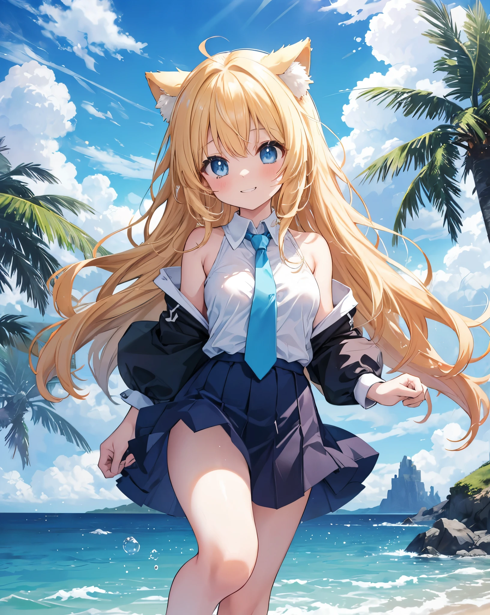 (Highest quality, Masterpiece: 1.2), (Solo), Anime coloring book, 4K quality, dynamic shot, dynamic pose
SUBJECT
(((Girl))), blonde hair, cat ears, cat tail, neko ears, neko tail, little grinning happy smile
CLOTHES
untied necktie, bare shoulder, white transparent shirt, visible yellow bikini under the shirt, Bare feet visible, blue ribbon on hair.
A girl immersed in the world of anime High school description Noise, she blush.
ACTION
She's jumping in the water, he's having a lot of fun, splashing the water, jumping in the air, sealife city in the background.
Jump, play, splash, water drops on the camera, sunflare
Reflexes on blue eyes.
blue eyes.
LOCATION 
beach, blue sky, clouds, cloudy sky, dewy road, sun, horizon, ocean, landscape, sky, skyline, blue sky and white clouds, fantastic light, beautiful light, mirror, mysterious, Beautiful, clear water, dream, heaven, cliff, rainbow, aurora, mirage, moon, planet, meteorite
