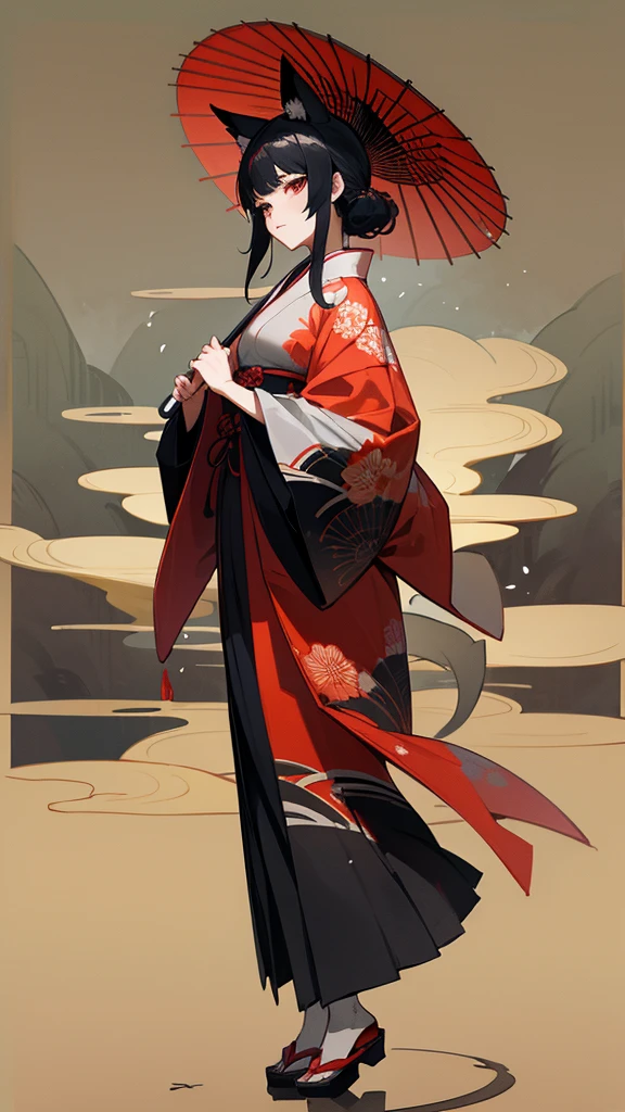 A black-haired woman,fox mask, standing elegantly while holding a traditional Japanese paper umbrella (karakasa). She is dressed in a beautiful kimono, with intricate patterns, standing against a serene background of a Japanese garden at twilight.