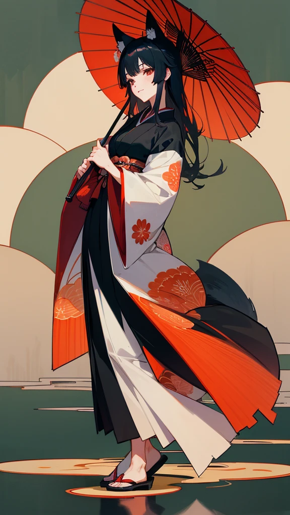 A black-haired woman,fox mask, standing elegantly while holding a traditional Japanese paper umbrella (karakasa). She is dressed in a beautiful kimono, with intricate patterns, standing against a serene background of a Japanese garden at twilight.