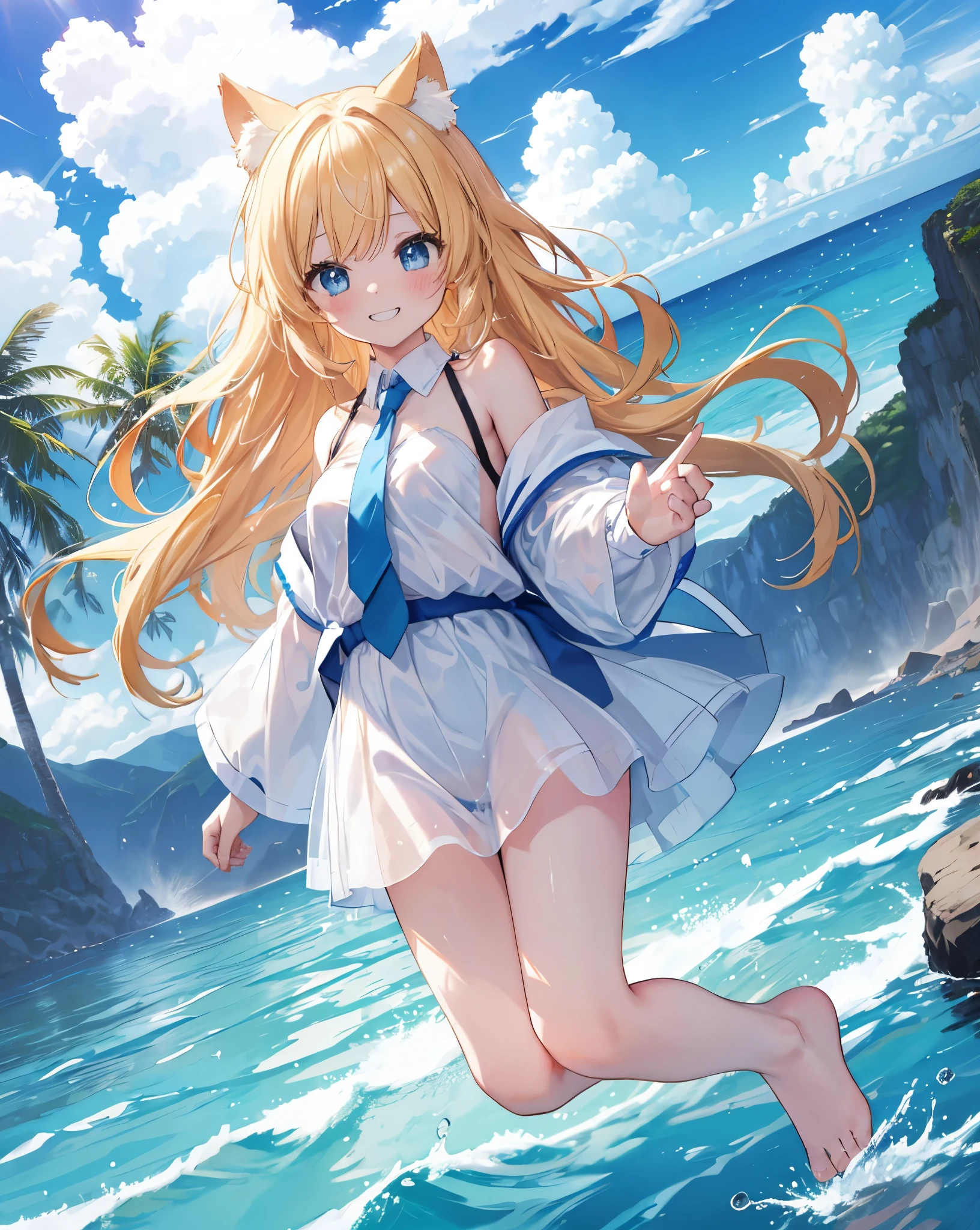 (Highest quality, Masterpiece: 1.2), (Solo), Anime coloring book, 4K quality, dynamic shot, dynamic pose
SUBJECT
(((Girl))), blonde hair, cat ears, cat tail, neko ears, neko tail, little grinning happy smile
CLOTHES
untied necktie, bare shoulder, white transparent shirt, visible yellow bikini under the shirt, Bare feet visible, blue ribbon on hair.
A girl immersed in the world of anime High school description Noise, she blush.
ACTION
She's jumping in the water, he's having a lot of fun, splashing the water, jumping in the air, sealife city in the background.
Jump, play, splash, water drops on the camera, sunflare
Reflexes on blue eyes.
blue eyes.
LOCATION 
beach, blue sky, clouds, cloudy sky, dewy road, sun, horizon, ocean, landscape, sky, skyline, blue sky and white clouds, fantastic light, beautiful light, mirror, mysterious, Beautiful, clear water, dream, heaven, cliff, rainbow, aurora, mirage, moon, planet, meteorite
