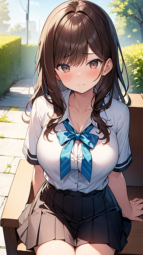 (Masterpiece, Top quality: 1.5), from above, (1 girl, solo :1.2),  (large breasts:1.4), cleavage, (short sleeve shirt, Pleated skirt:1.4), standard weight, ( brown hair:1.4), (airy hair, wavy hair:1.3), long hair ,asymmetry bangs, swept bangs, junior high school student, angry:1.2, (flustered:1.3), beautiful scene of outdoor , dynamic pose, magnificent panorama view, sitting on the chair