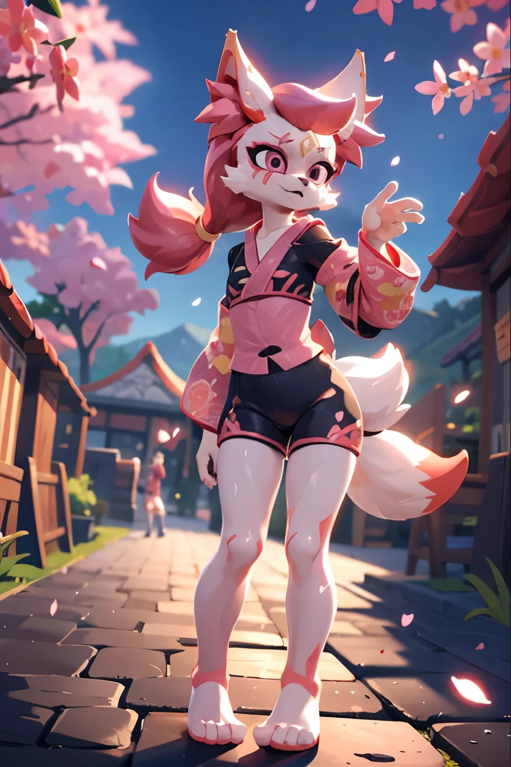 score_9,score_8_up,score_7_up, source_cartoon, source_furry, kimiko, furry female anthro, fox girl, white body fur, Pink hair, multiple tails, solo, body fur, (best quality), cinematic lighting, short ponytail, masterpiece, perfect hair, background of falling sakura petals, cherry blossoms, full body, feets with three toes, 3 toes, ((pink short kimono, zaori flip flops))