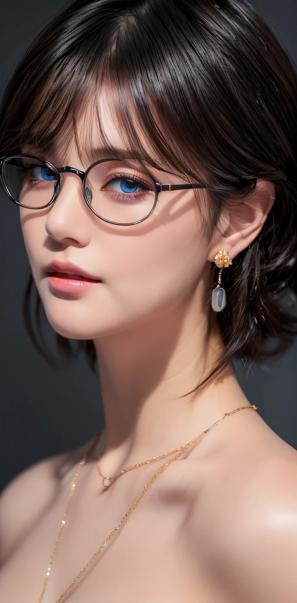 (masterpiece:1.3), (8k, photorealistic, RAW photo, best quality: 1.4), (1girl), beautiful face, (realistic face), (black hair, short hair:1.3), beautiful hairstyle, realistic eyes, beautiful detailed eyes, (realistic skin), beautiful skin, masterpiece, detailed face, detailed eyes, beautiful, highest quality, (((ルーシー・ピンダーに似たソロmature woman))), azure blue sky eyes, (((wearing delicate big hoop round earring))), (wearing Collar pet necklace), eyelash, ( wearing a thin glasses), lip whole, blushing lewd face, [Janet], [Alice], "Beautiful adult face" , 30 years old , mature woman , adult,(office suit), absurdres, attractive, ultra high res, ultra realistic, highly detailed, golden ratio, centerpoint, look at view, close up, highly detailed dark, glow in the dark, 