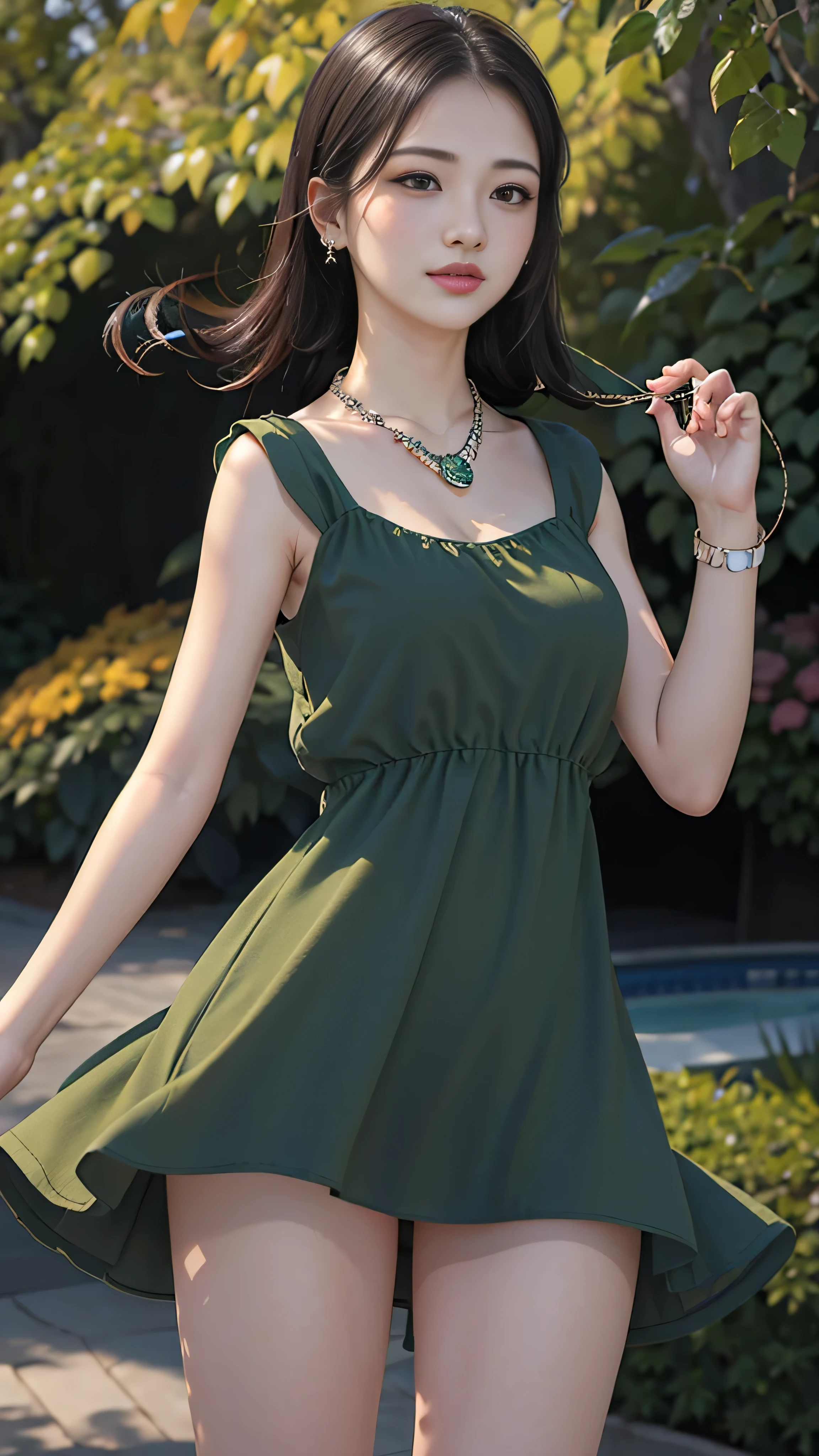 best quality, masterpiece, 1girl, (polka dot dress), (green dress:1.5), hair ornament, necklace, (jewellery:1.8), Beautiful face, small breasts, tyndall effect, photorealistic, rim lighting, two tone lighting, (high detailed skin:1.2), dslr, (spreading light:1.5) soft lighting, high quality, volumetric lighting, candid, in the garden, Photograph, high resolution, 4k, 8k, Bokeh, 