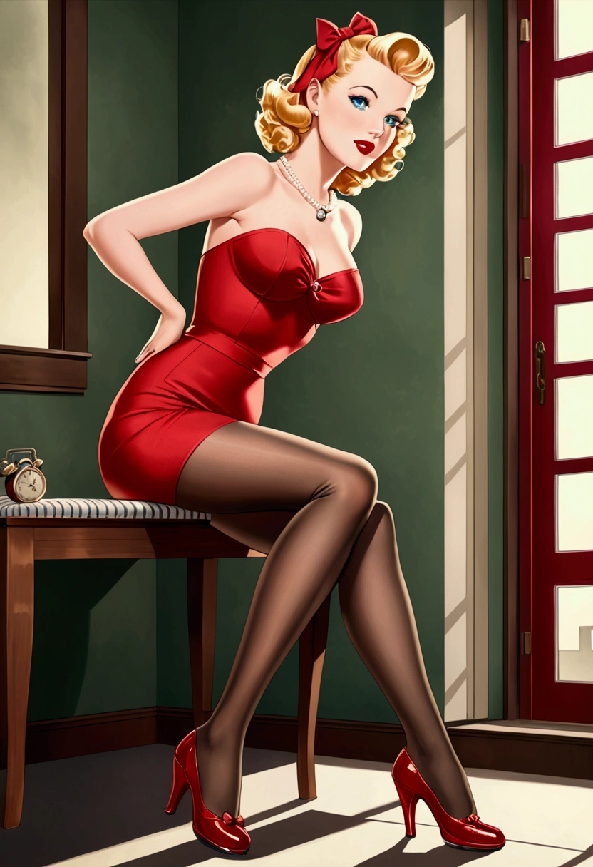 women,blonde,blue eyes, 1940s, pin up, Red dress, nylon stockings, Red high heels