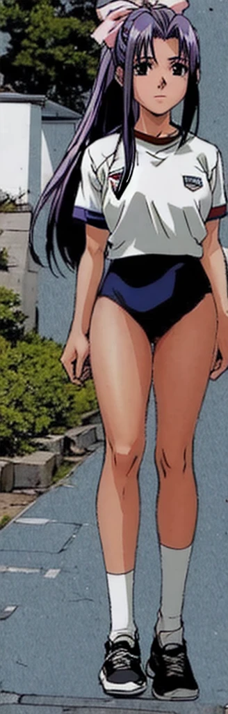 Momoko Koigakubo, with her beautiful legs, is standing in the schoolyard wearing white gym clothes and light navy blue bloomers that look like panties.。