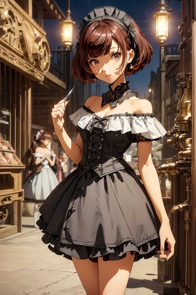 (((Masterpiece, top quality, super detailed))), One female, (((Very Slender body))) , (((Long, thin legs))), (((short black bob, thick puffy bangs ))), (((very detailed face))), cosmetics-free, small thin nose, small thin-lipped mouth, (((very sharp focused eyes))), large slit precision pale grey eyes, sparkling like jewels, Long eyelashes, ((Very decorative intricate mechanical steampunk fashion, Lace Flared mini skirt, Lace stockings above the knee, Lace Off-shoulder lolita fashion, Overly decorative fashion)), The night an abandoned, intricately mechanized steampunk factory burns and explodes, (((overall accuracy has improved dramatically, creating a super detailed and realistic image))), Super realistic photo.Ryuujou, brown hair, brown eyes, twintails,
