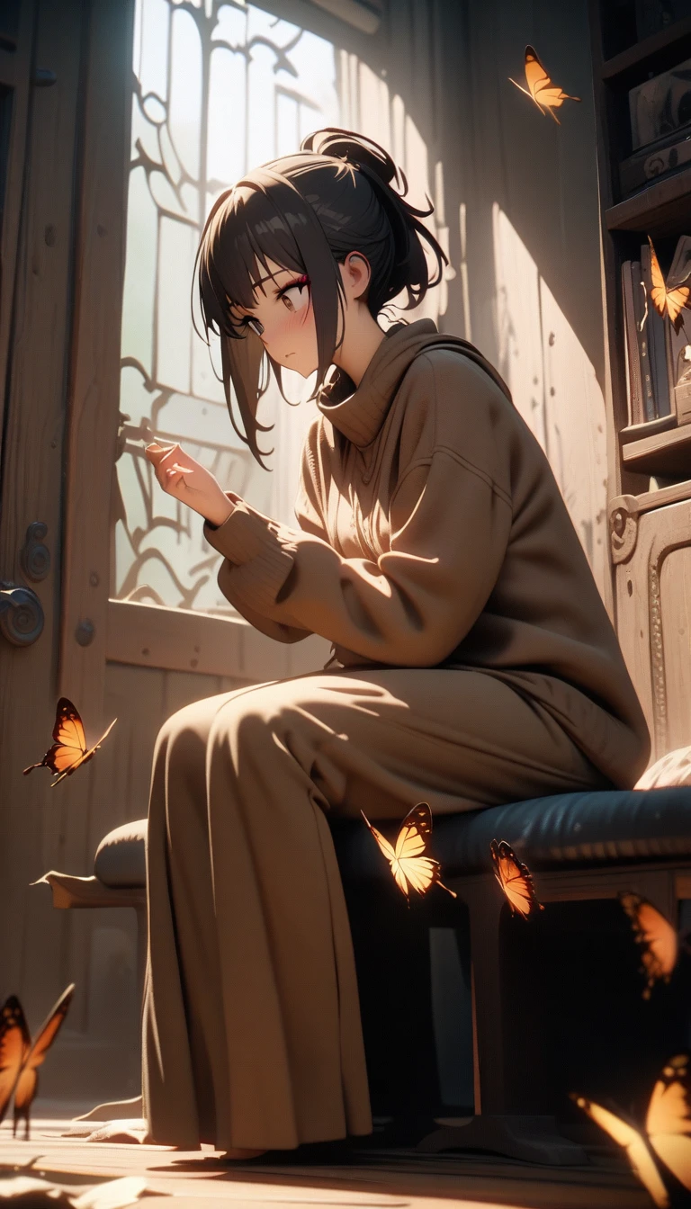 ((best quality)) , ((masterpiece)) , (detailed),Unreal Engine, Muybridge Sequence, (((1girl))), blushing, surreal, Butterfly sitting, Eyeliner, Fall, Cozy