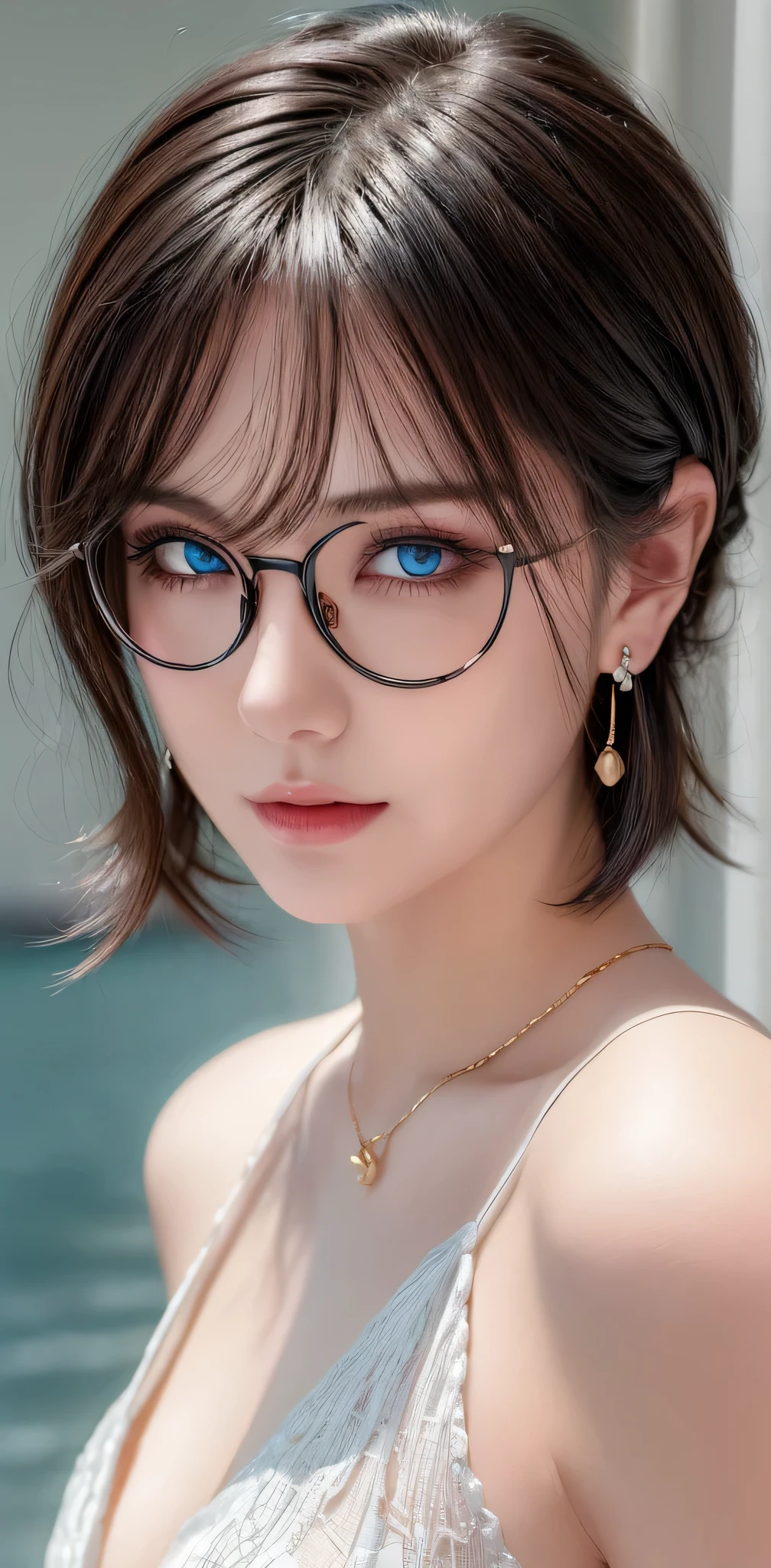 (masterpiece:1.3), (8k, photorealistic, RAW photo, best quality: 1.4), (1girl), beautiful face, (realistic face), (black hair, short hair:1.3), beautiful hairstyle, realistic eyes, beautiful detailed eyes, (realistic skin), beautiful skin, masterpiece, detailed face, detailed eyes, beautiful, highest quality, (((ルーシー・ピンダーに似たソロmature woman))), azure blue sky eyes, (((wearing delicate big hoop round earring))), (wearing Collar pet necklace), eyelash, ( wearing a thin glasses), lip whole, blushing lewd face, [Janet], [Alice], "Beautiful adult face" , 30 years old , mature woman , adult,(office suit), absurdres, attractive, ultra high res, ultra realistic, highly detailed, golden ratio, centerpoint, look at view, close up
