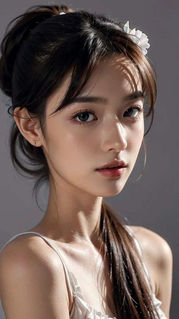 Close up face,Orange  Sleeveless Dress Style,Frilly dress,ruffled edges, layered,Accessories: Flower hairpiece, ribbon, fitted body,Commercials for luxury cosmetics style,Commercial filming studio,The background is all gray,Body in front,fully body photo,masutepiece, The highest image quality, High quality, the background is clear,Beautiful woman, Japanese, Detailed, Ultra-detailed, finely detail, hight resolution, 8K Wallpaper, Perfect dynamic composition, Beautiful detailed eyes ,Detailed eyes, Detailed skin, Beautiful skin, 超hight resolution, (reality: 1.4),Very beautiful woman, Slightly younger face, Beautiful skin, slender, (Ultra photo realsisim), (hight resolution), (8K), (Very detailed) (beautifully detailed eyes), (super detailed),   (Detailed face), view the viewer, Fine details, Detailed face, Staring straight ahead, Staring straight ahead, photos realistic, Bright lighting, Professional Lighting, Black hair,poneyTail,a baby face,sixteen years old,Hairstyle: ponytail,Long ponytail hairstyle,slight smile,